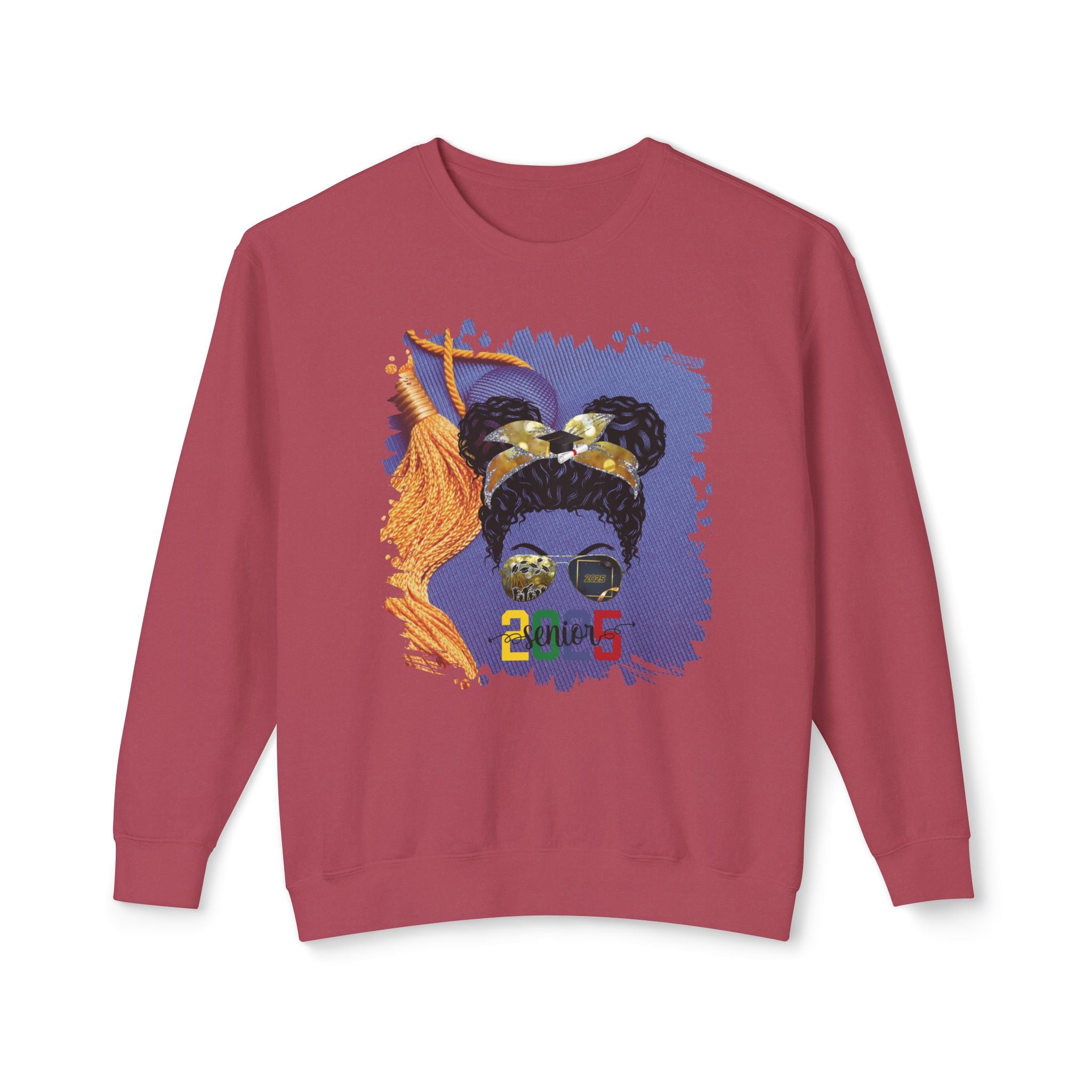 Senior 2025 Colorful, Graduation Cap, Black Hair Messy Bun, Unisex Lightweight Crewneck Sweatshirt
