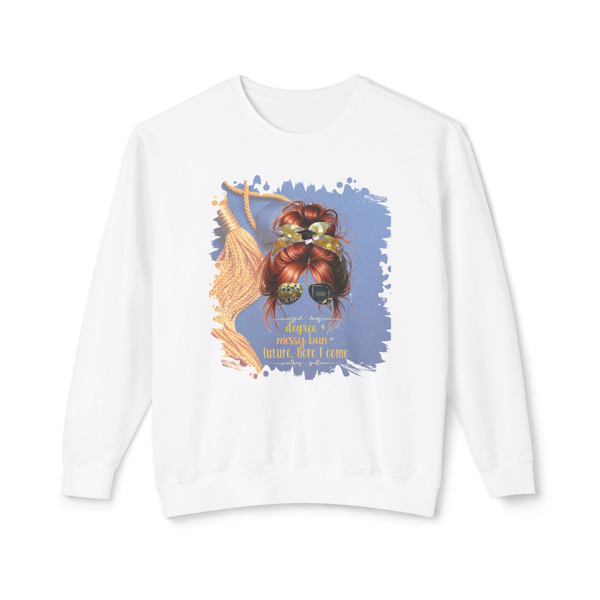 Degree + Messy Bun, Graduation Cap, Red Hair Messy Bun, Unisex Lightweight Crewneck Sweatshirt