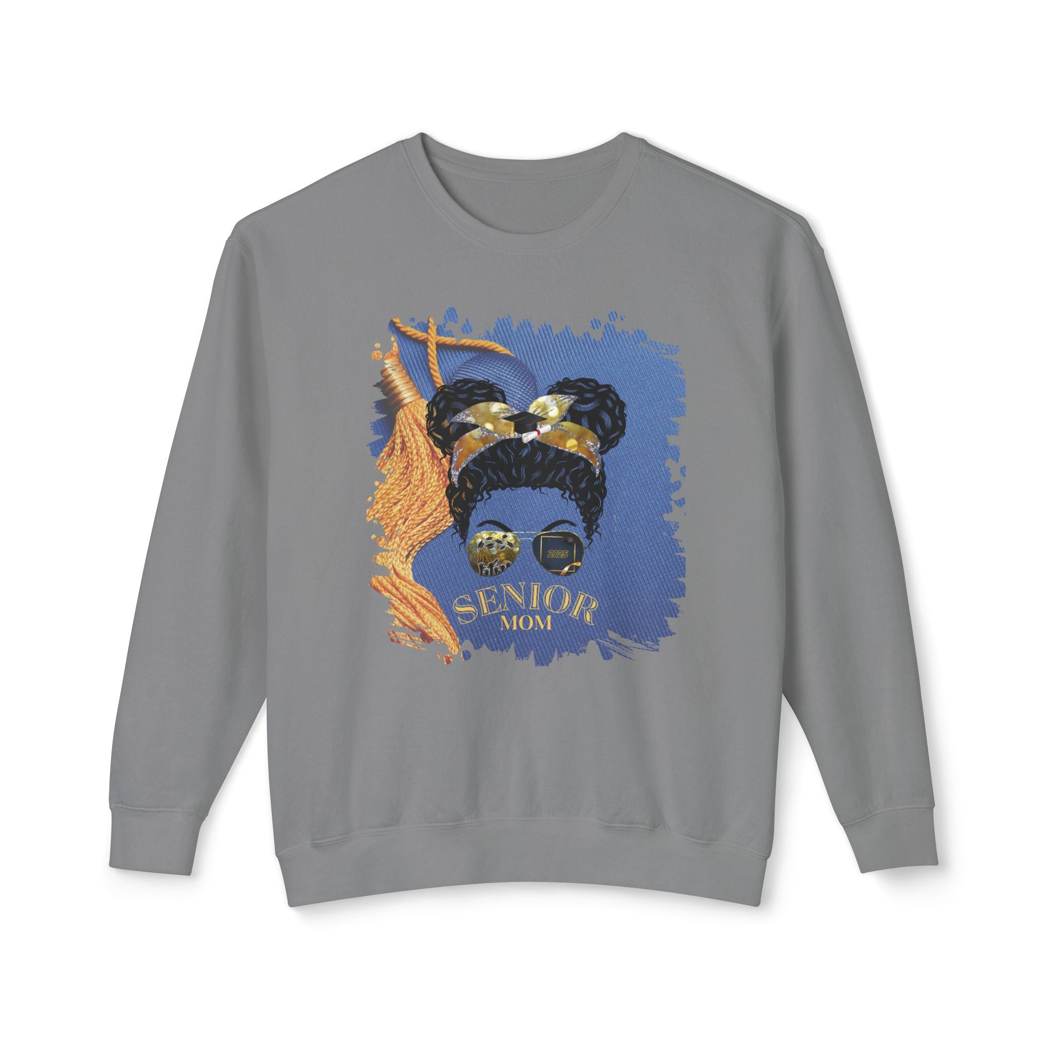 Senior Mom, Graduation Cap, Black Hair Messy Bun, Unisex Lightweight Crewneck Sweatshirt