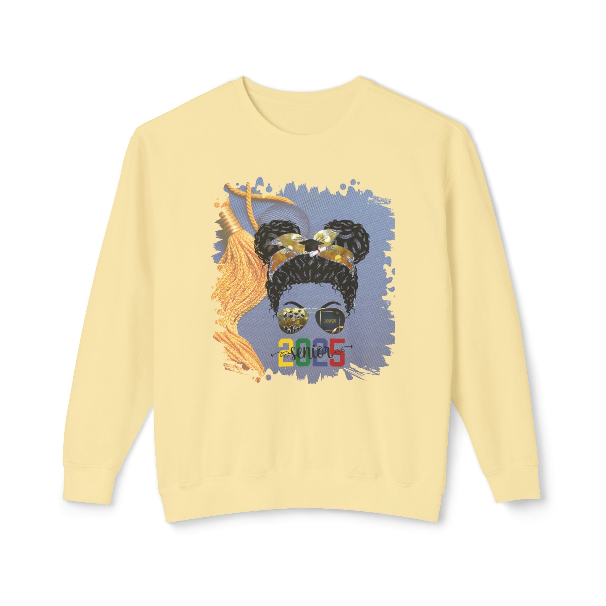 Senior 2025 Colorful, Graduation Cap, Black Hair Messy Bun, Unisex Lightweight Crewneck Sweatshirt