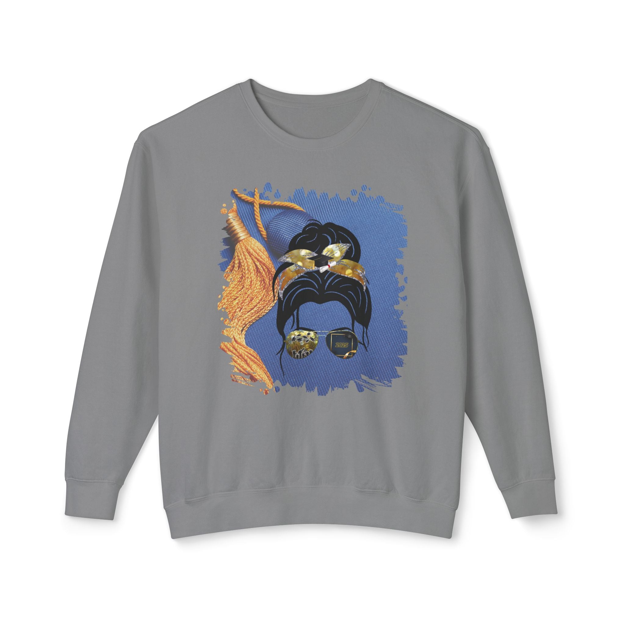 Graduation Cap, Dark Hair Messy Bun, Unisex Lightweight Crewneck Sweatshirt