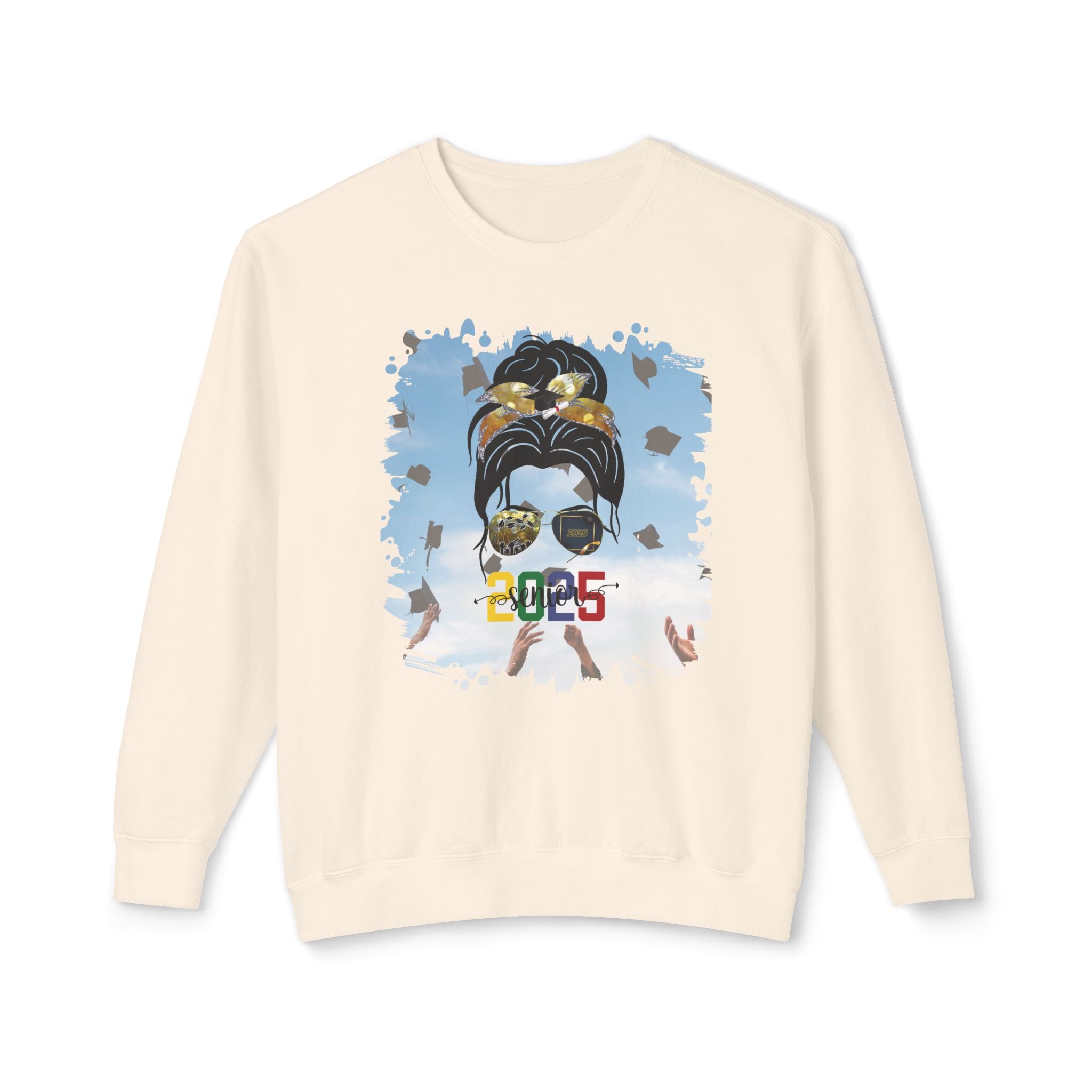 Senior 2025 Colorful, Celebration, Dark Hair Messy Bun, Unisex Lightweight Crewneck Sweatshirt