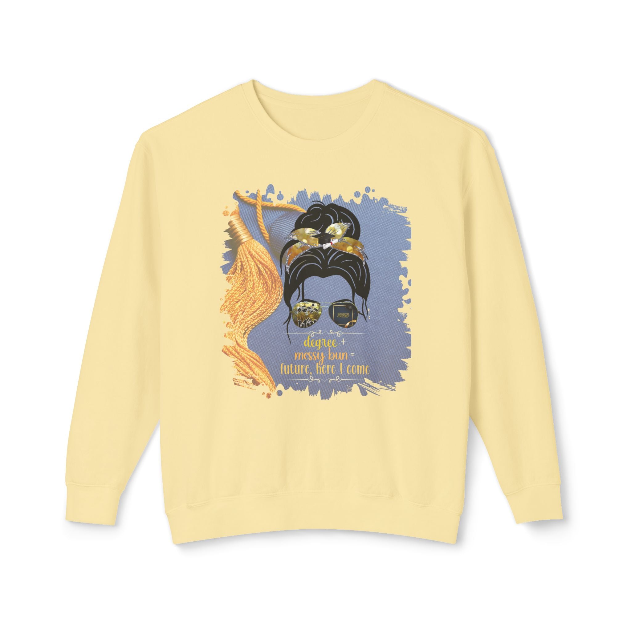 Degree + Messy Bun, Graduation Cap, Dark Hair Messy Bun, Unisex Lightweight Crewneck Sweatshirt