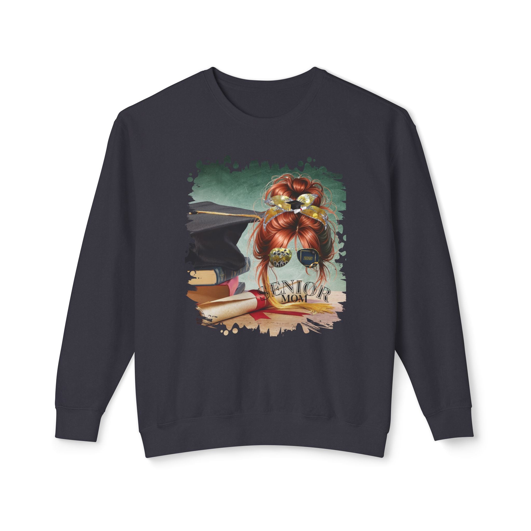 Senior Mom, Cap & Degree/Diploma, Red Hair Messy Bun, Unisex Lightweight Crewneck Sweatshirt