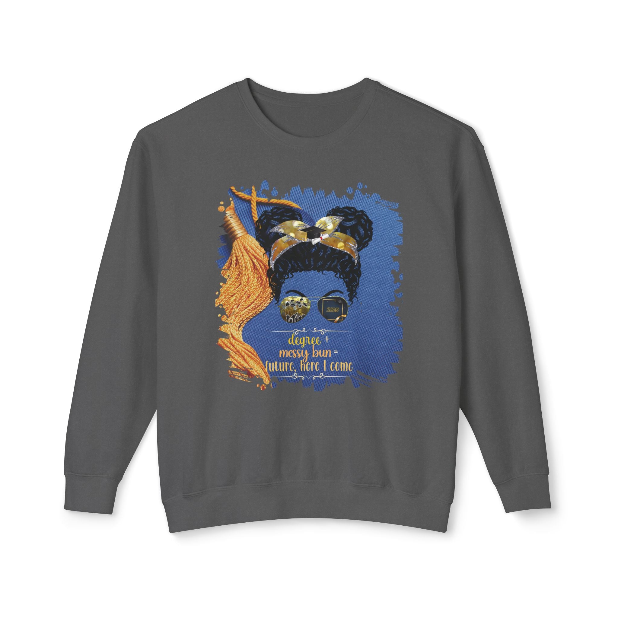 Degree + Messy Bun, Graduation Cap, Black Hair Messy Bun, Unisex Lightweight Crewneck Sweatshirt