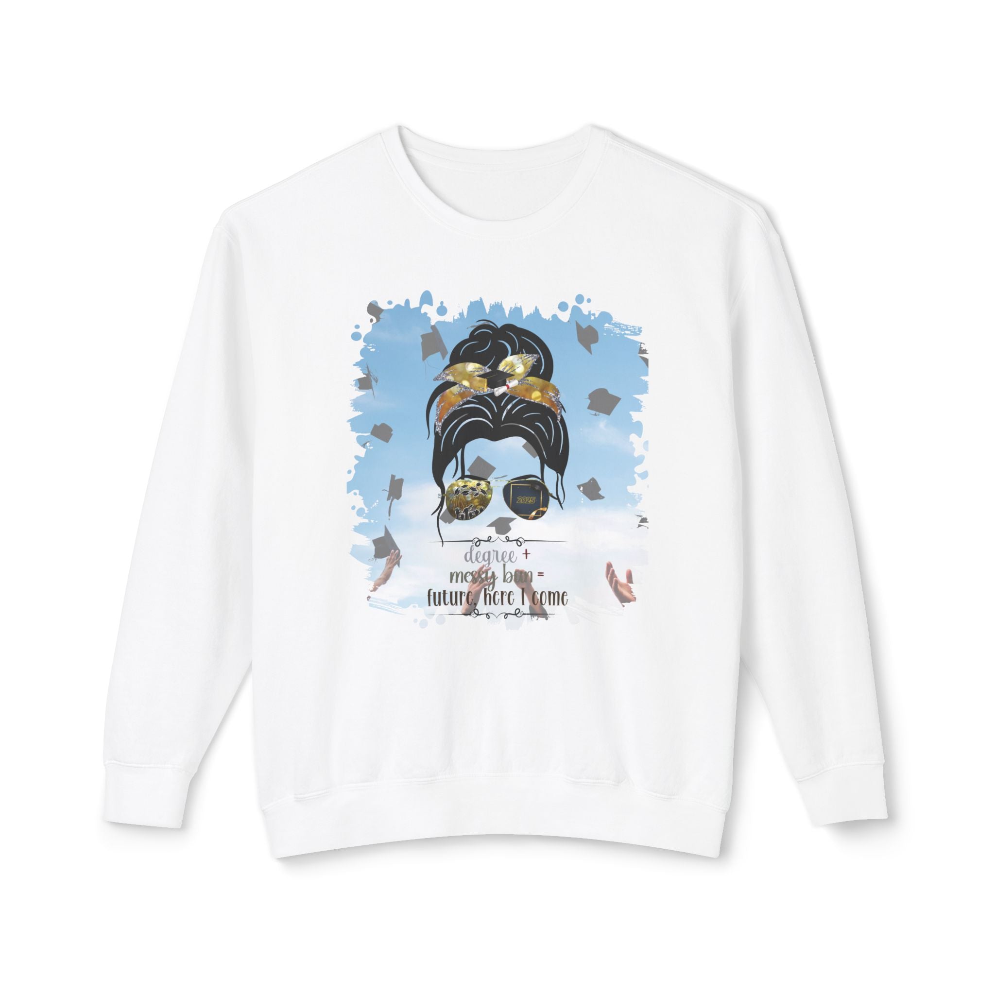 Degree + Messy Bun, Celebration, Dark Hair Messy Bun, Unisex Lightweight Crewneck Sweatshirt