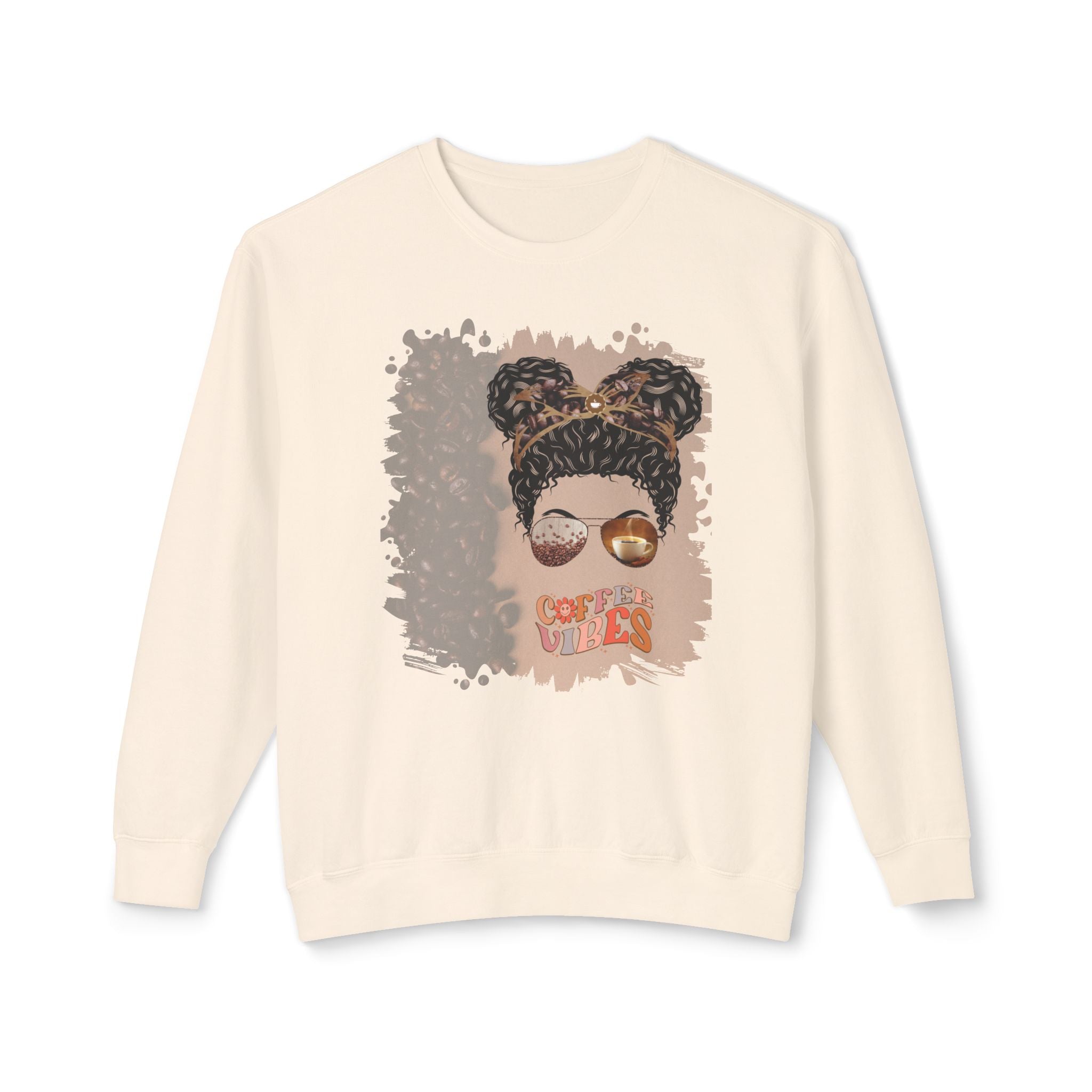 Coffee Vibes, Coffee Beans Shade, Black Hair Messy Bun, Unisex Lightweight Crewneck Sweatshirt