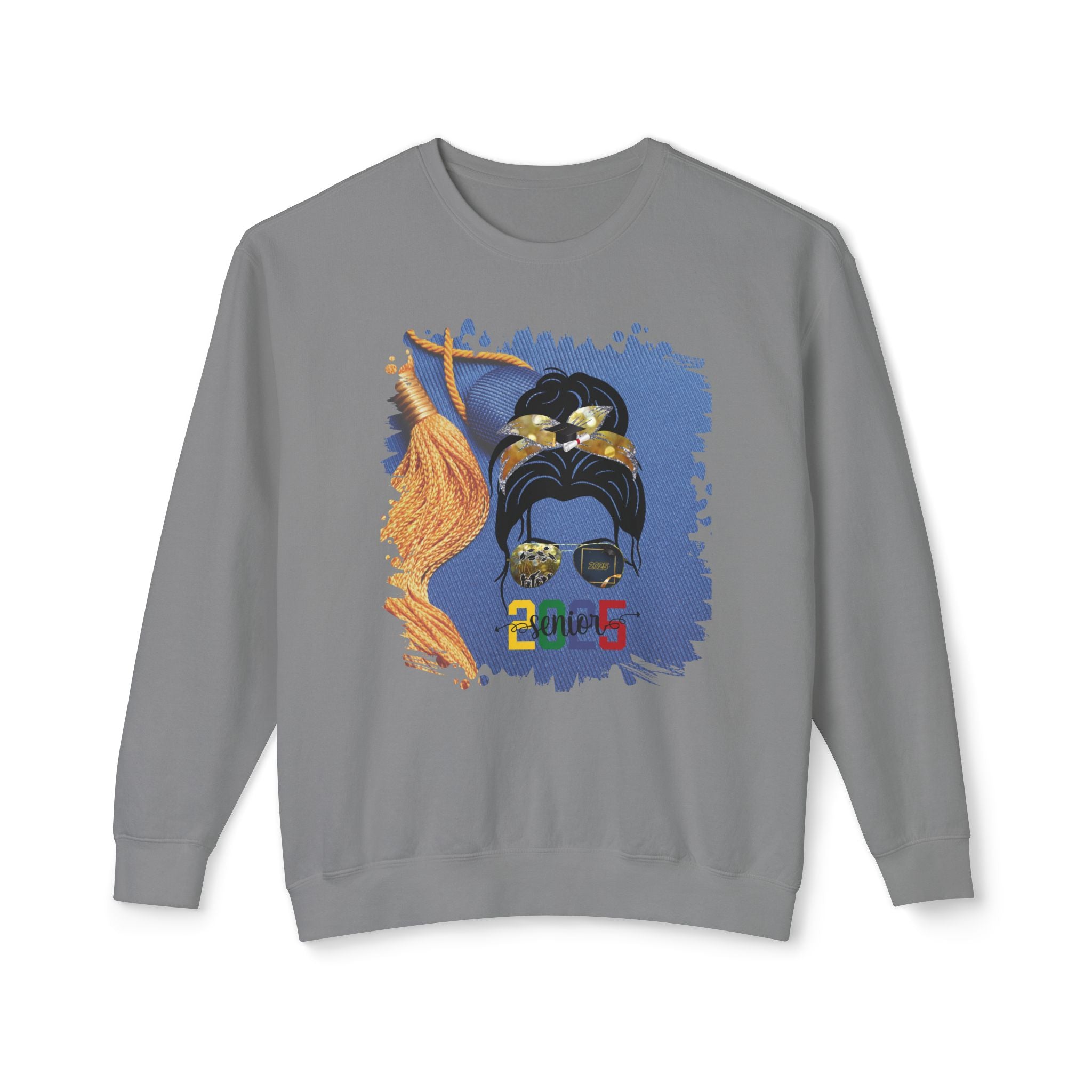 Senior 2025 Colorful, Graduation Cap, Dark Hair Messy Bun, Unisex Lightweight Crewneck Sweatshirt