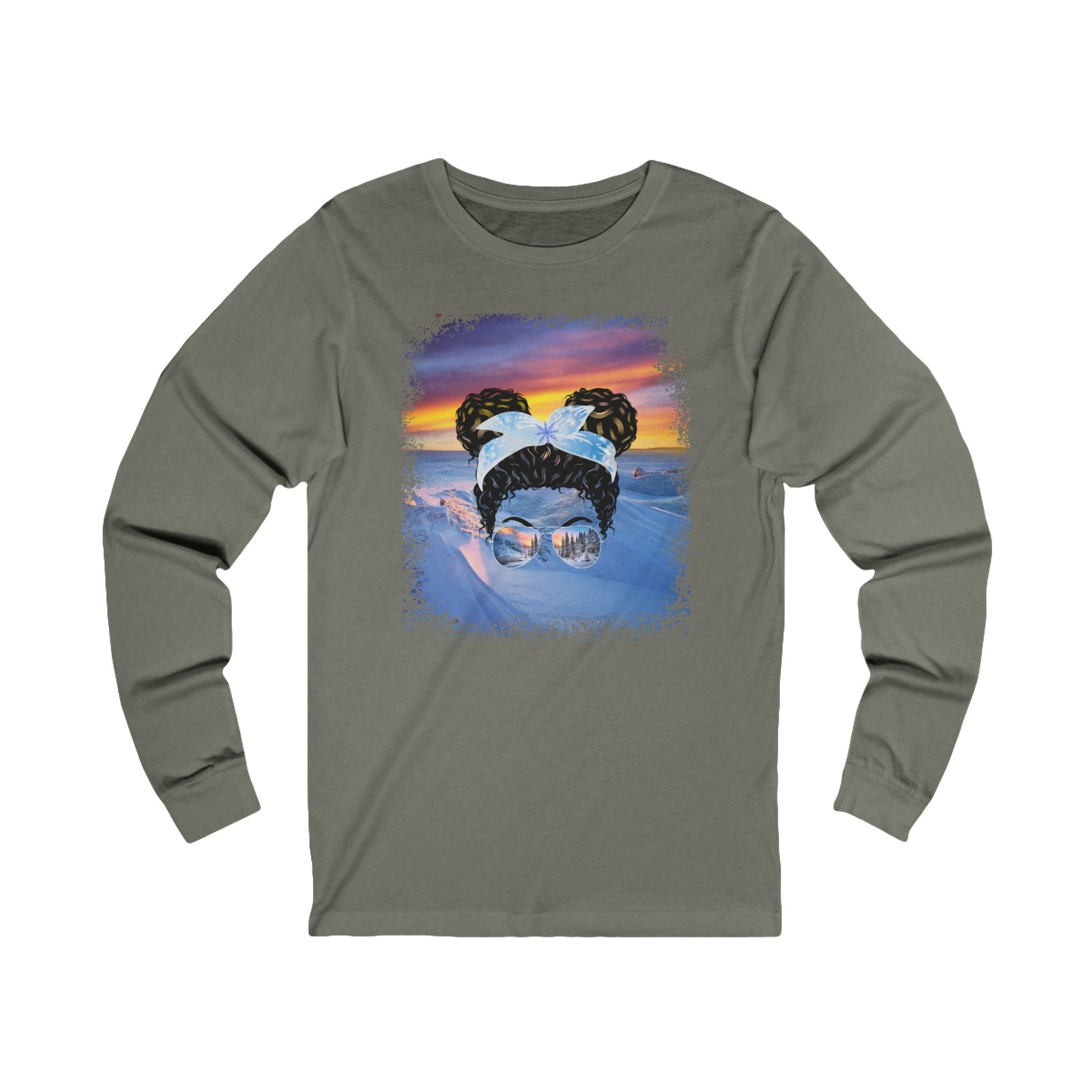 Winter Mountain, Black Hair Messy Bun, Unisex Jersey Long Sleeve Tee