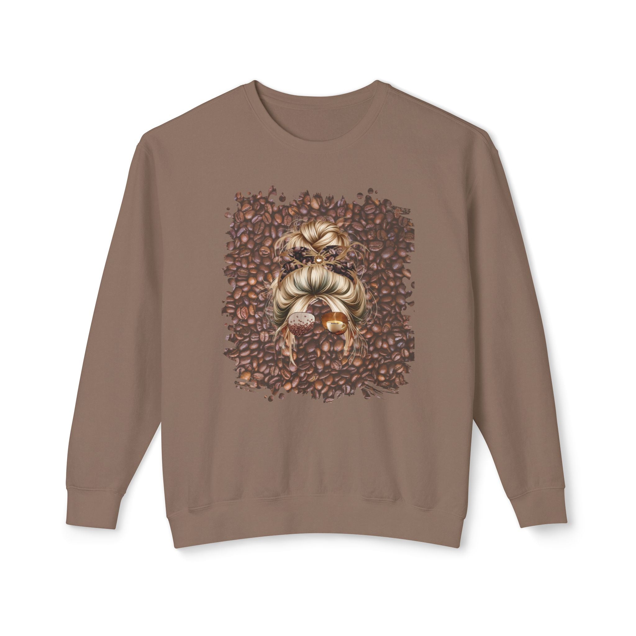 Coffee Beans, Blond Hair Messy Bun, Unisex Lightweight Crewneck Sweatshirt