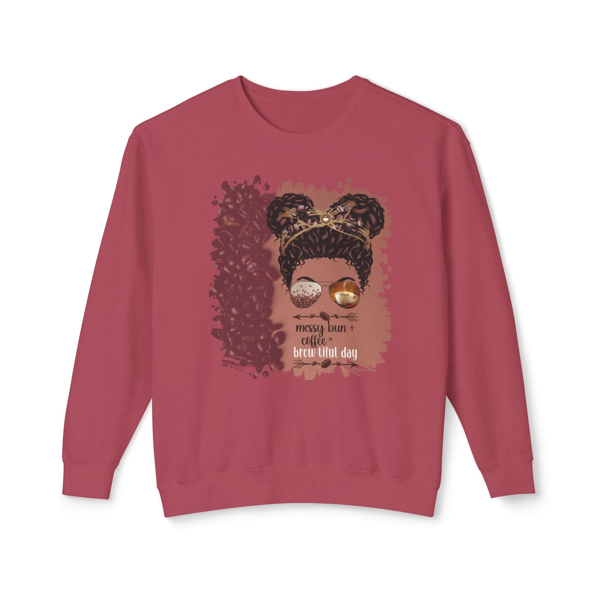 Messy Bun plus Coffee, Coffee Beans Shade, Black Hair Messy Bun, Unisex Lightweight Crewneck Sweatshirt