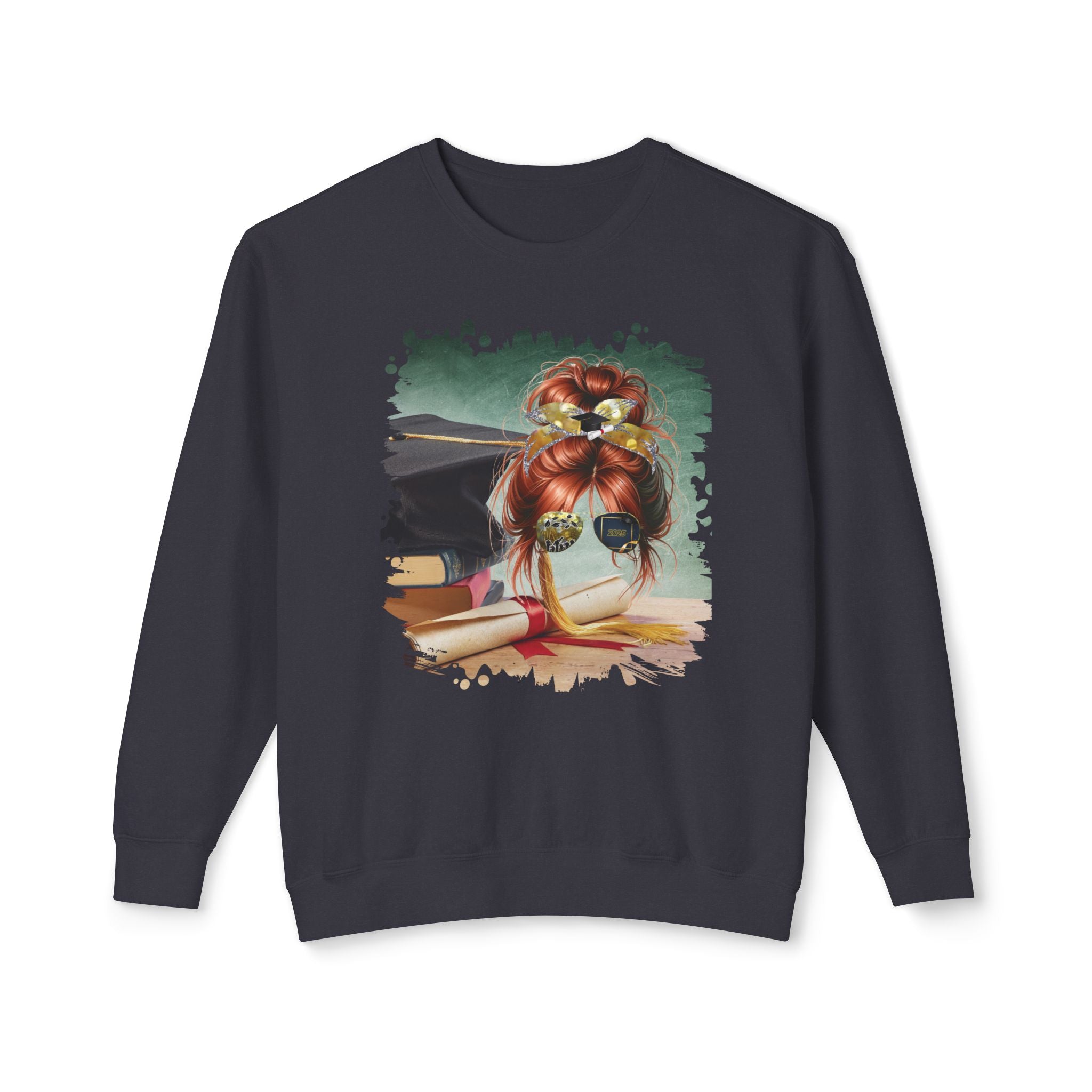 Cap & Degree/Diploma, Red Hair Messy Bun, Unisex Lightweight Crewneck Sweatshirt