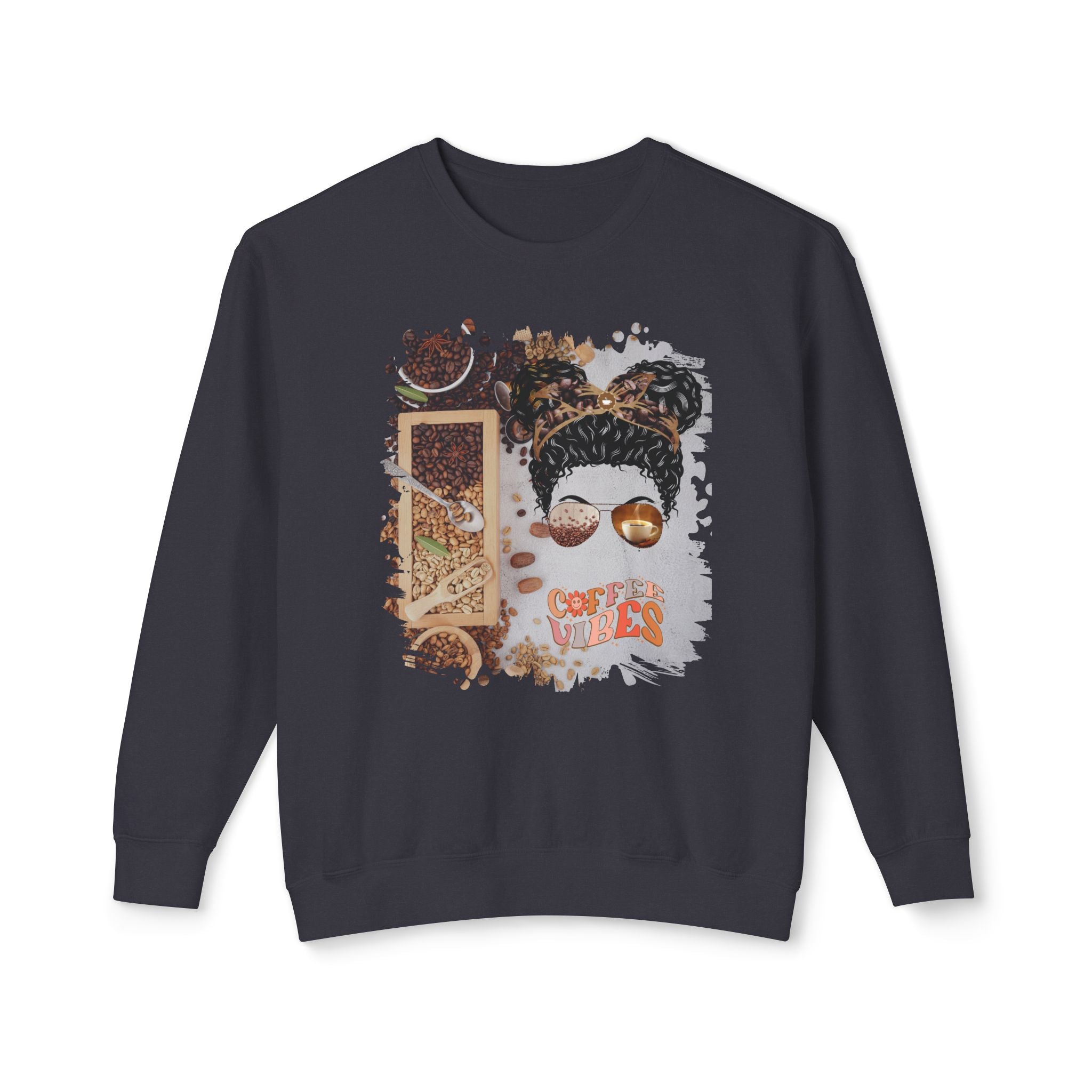 Coffee Vibes, Coffee Beans Variety, Black Hair Messy Bun, Unisex Lightweight Crewneck Sweatshirt