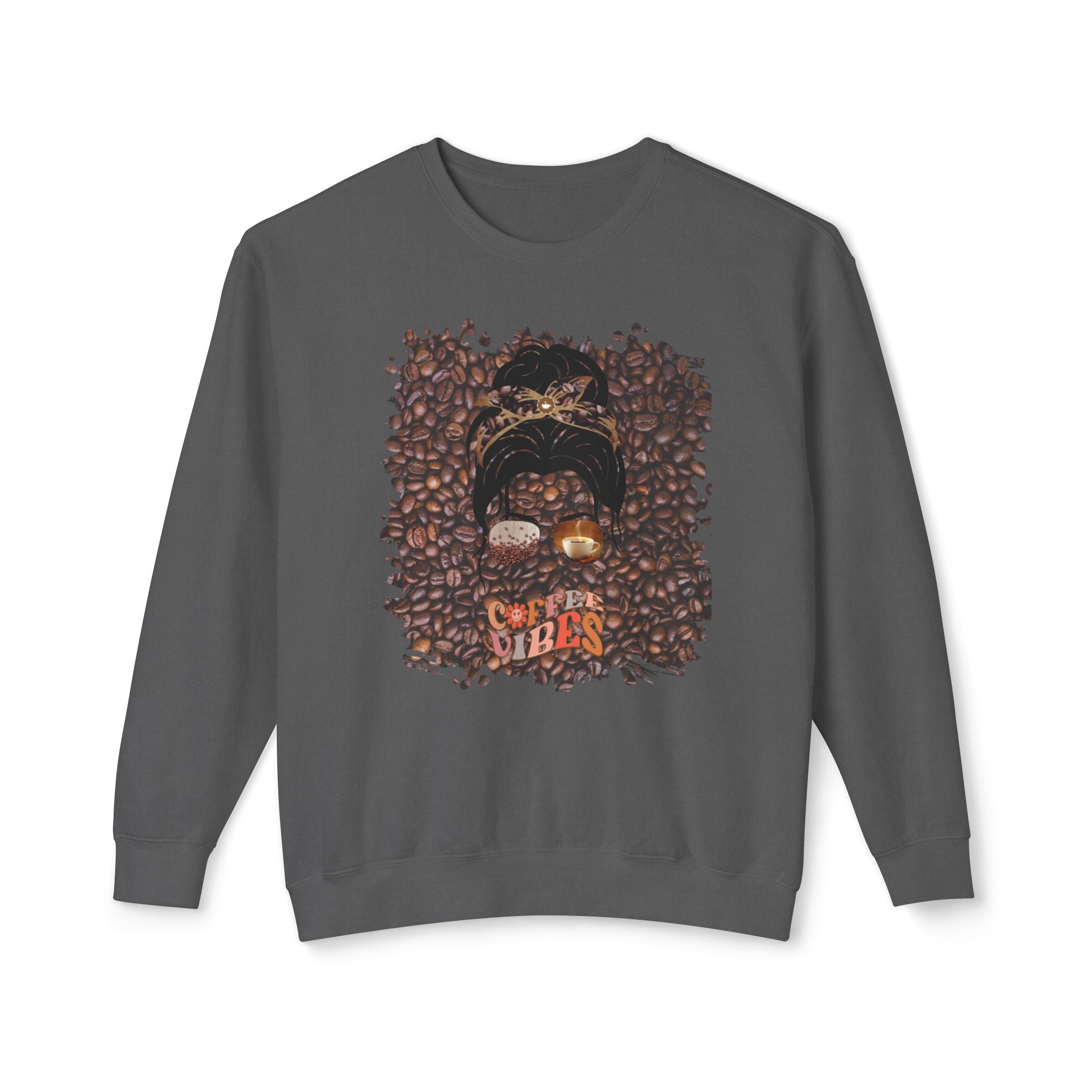 Coffee Vibes, Coffee Beans, Dark Hair Messy Bun, Unisex Lightweight Crewneck Sweatshirt