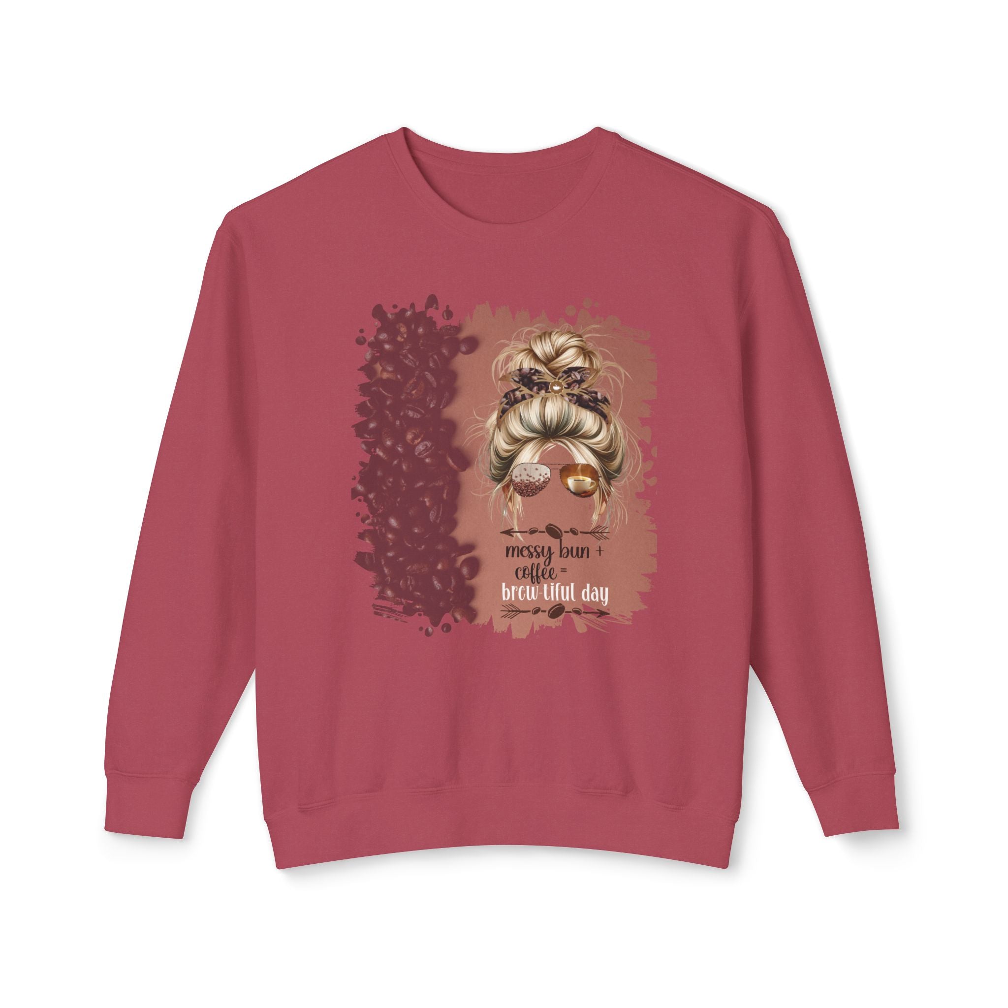 Messy Bun plus Coffee, Coffee Beans Shade, Blond Hair Messy Bun, Unisex Lightweight Crewneck Sweatshirt