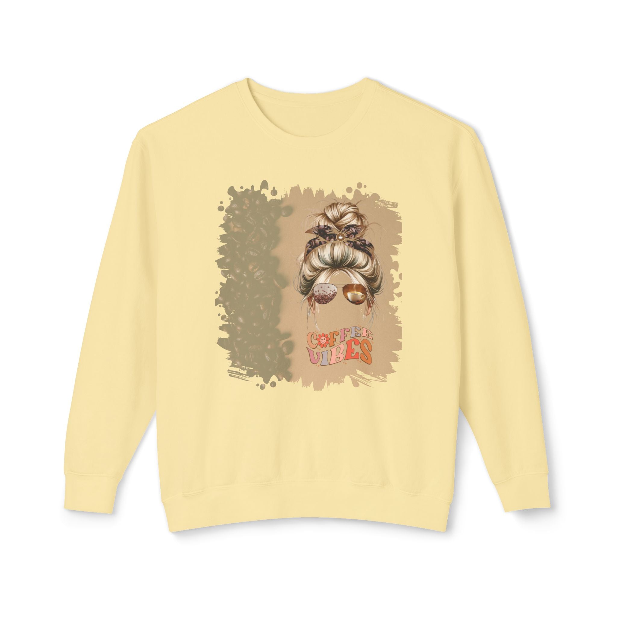 Coffee Vibes, Coffee Beans Shade, Blond Hair Messy Bun, Unisex Lightweight Crewneck Sweatshirt