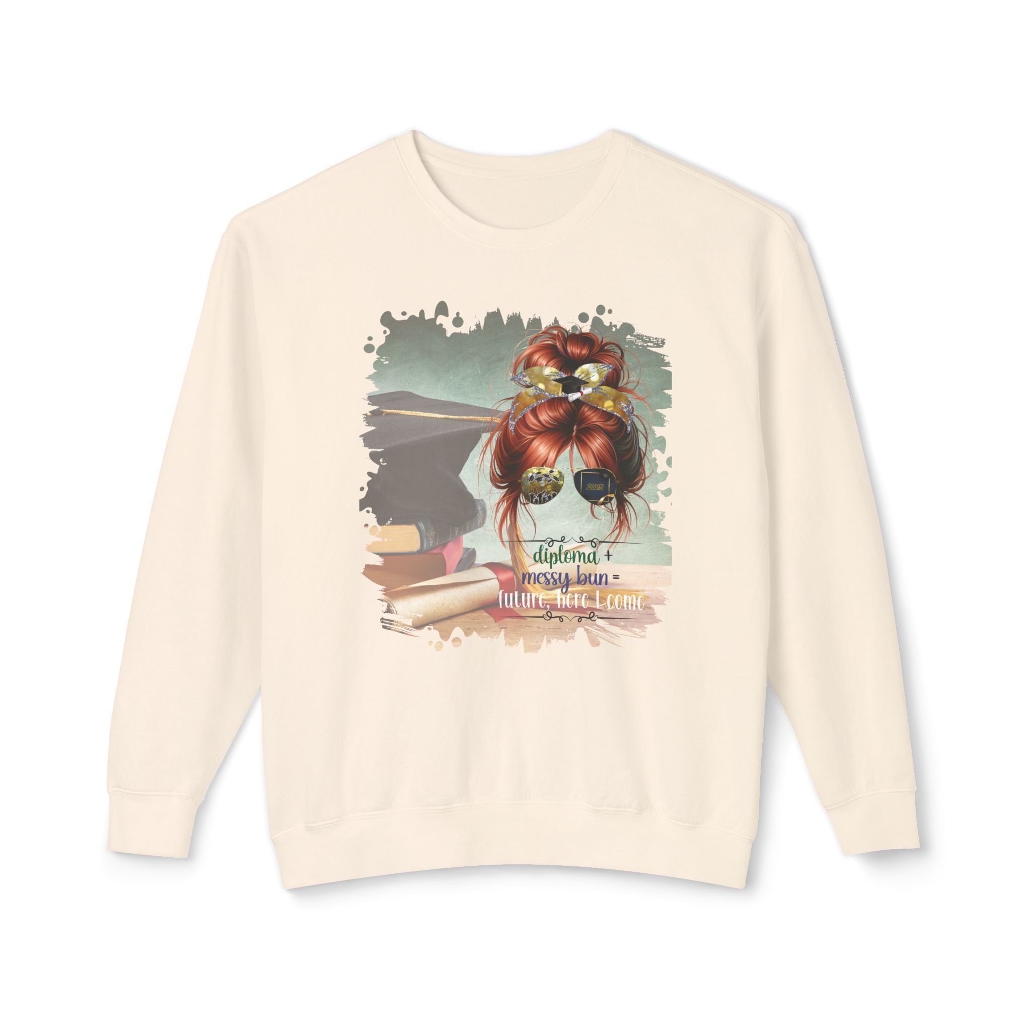 Diploma + Messy Bun, Cap & Degree/Diploma, Red Hair Messy Bun, Unisex Lightweight Crewneck Sweatshirt