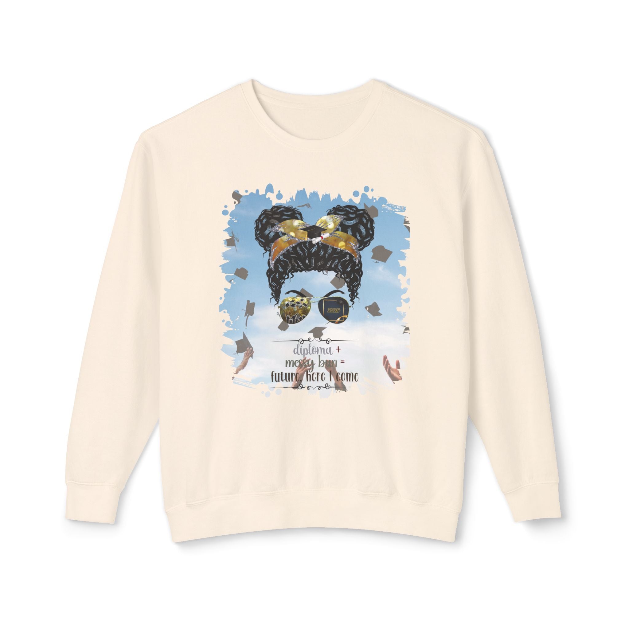 Diploma + Messy Bun, Celebration, Black Hair Messy Bun, Unisex Lightweight Crewneck Sweatshirt