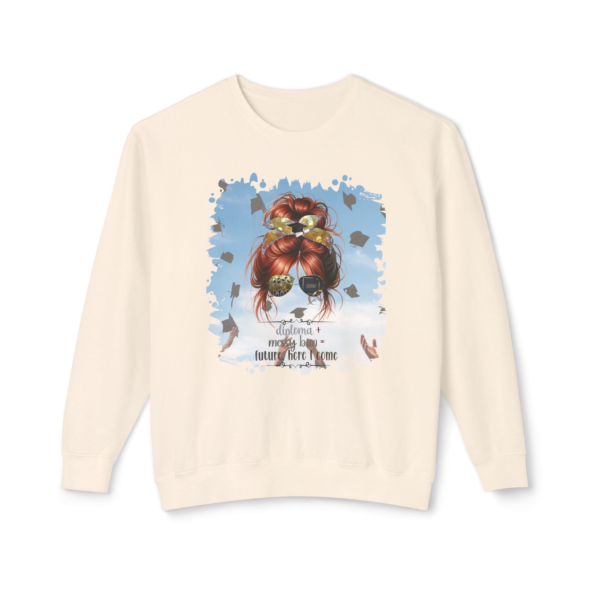 Diploma + Messy Bun, Celebration, Red Hair Messy Bun, Unisex Lightweight Crewneck Sweatshirt