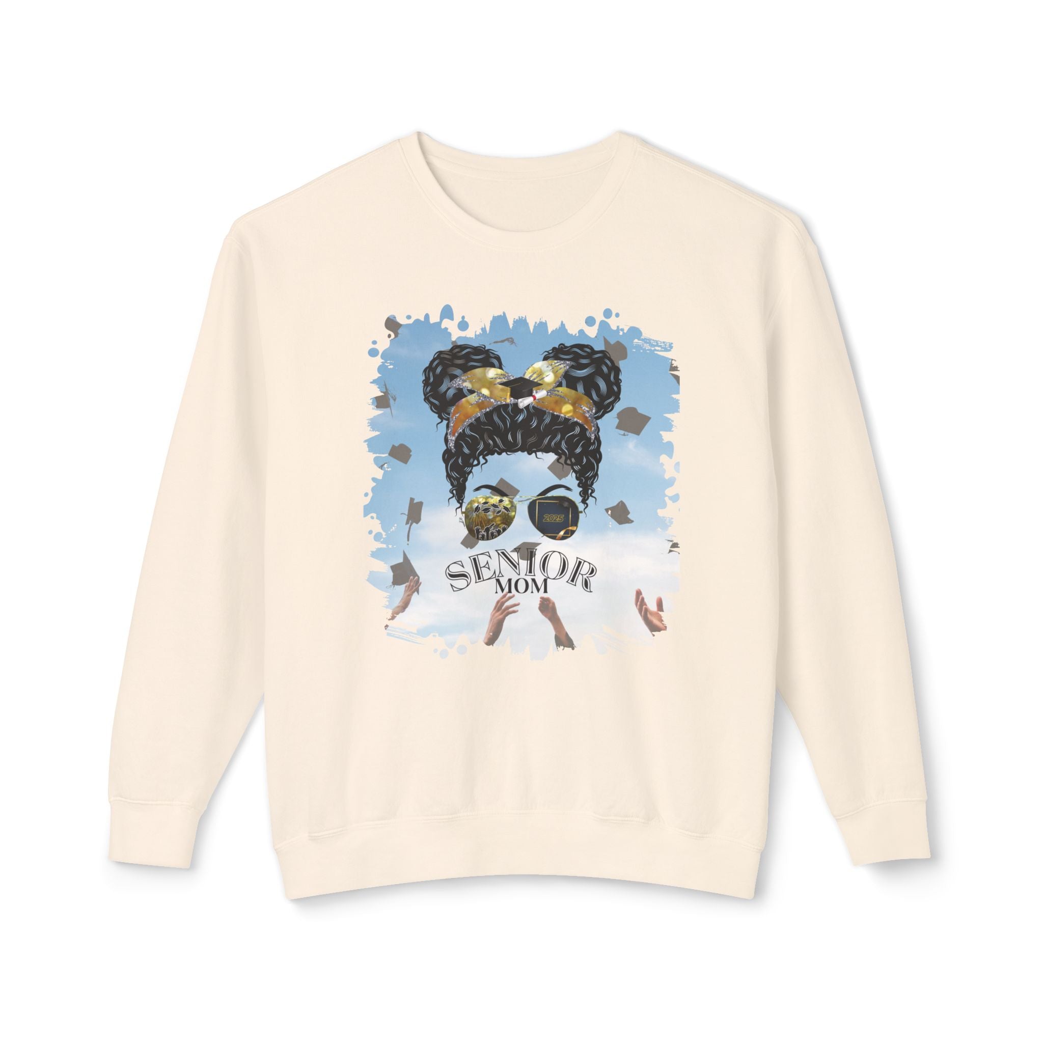 Senior Mom, Celebration, Black Hair Messy Bun, Unisex Lightweight Crewneck Sweatshirt
