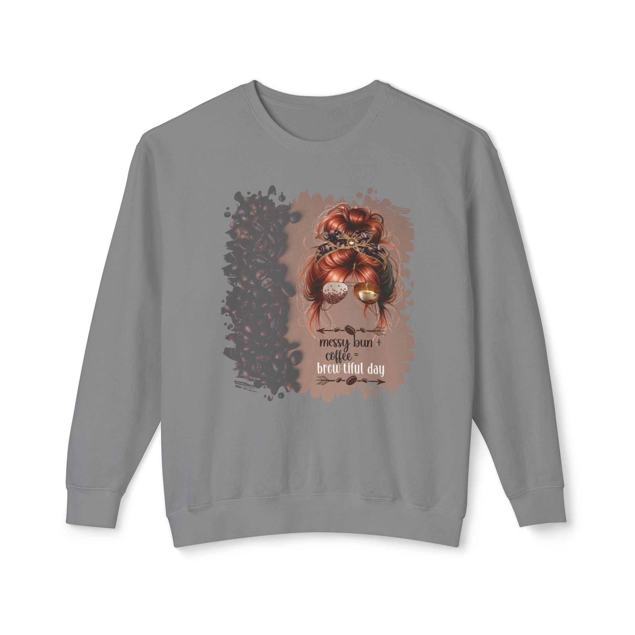 Messy Bun plus Coffee, Coffee Beans Shade, Red Hair Messy Bun, Unisex Lightweight Crewneck Sweatshirt