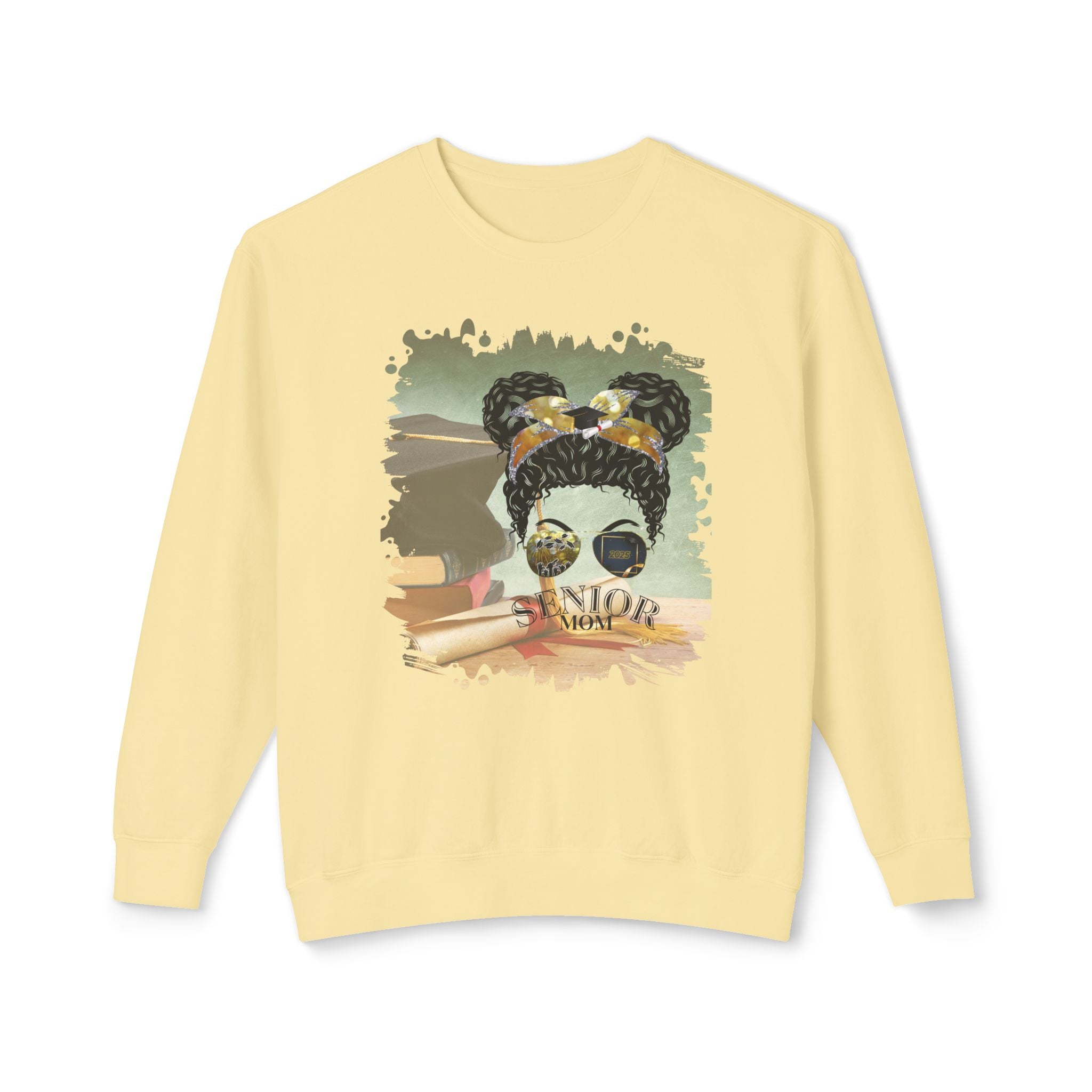 Senior Mom, Cap & Degree/Diploma, Black Hair Messy Bun, Unisex Lightweight Crewneck Sweatshirt