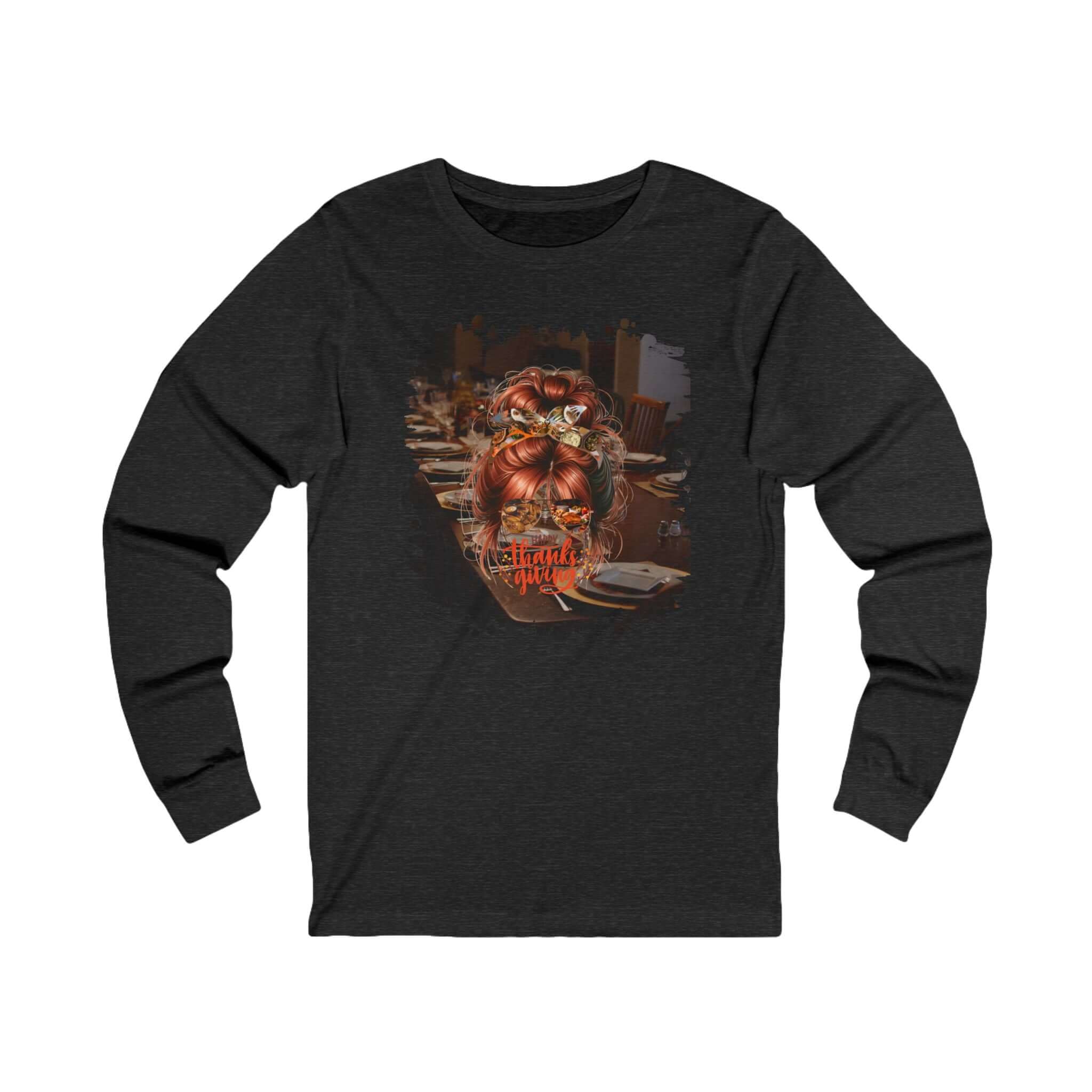 Happy Thanksgiving Table Setting, Red Hair Messy Bun, Unisex Jersey Long Sleeve Tee