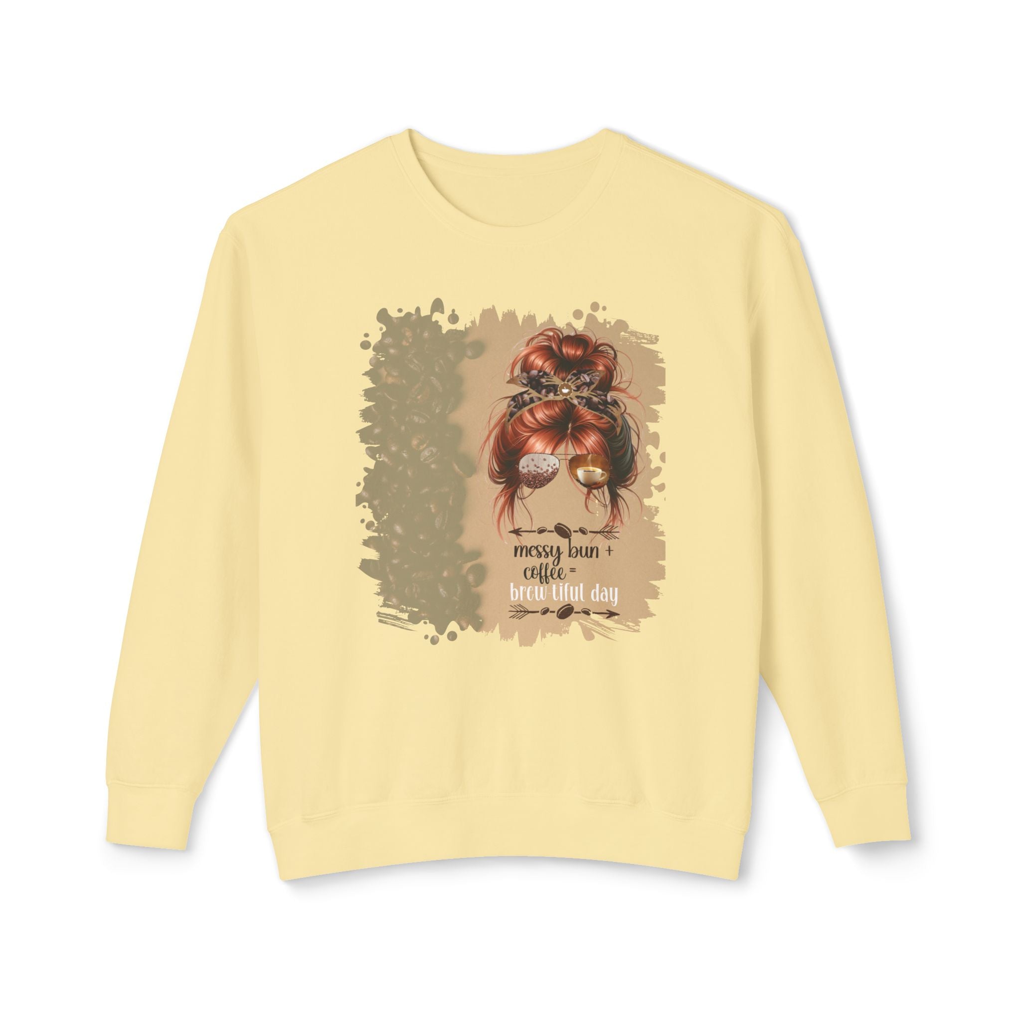 Messy Bun plus Coffee, Coffee Beans Shade, Red Hair Messy Bun, Unisex Lightweight Crewneck Sweatshirt