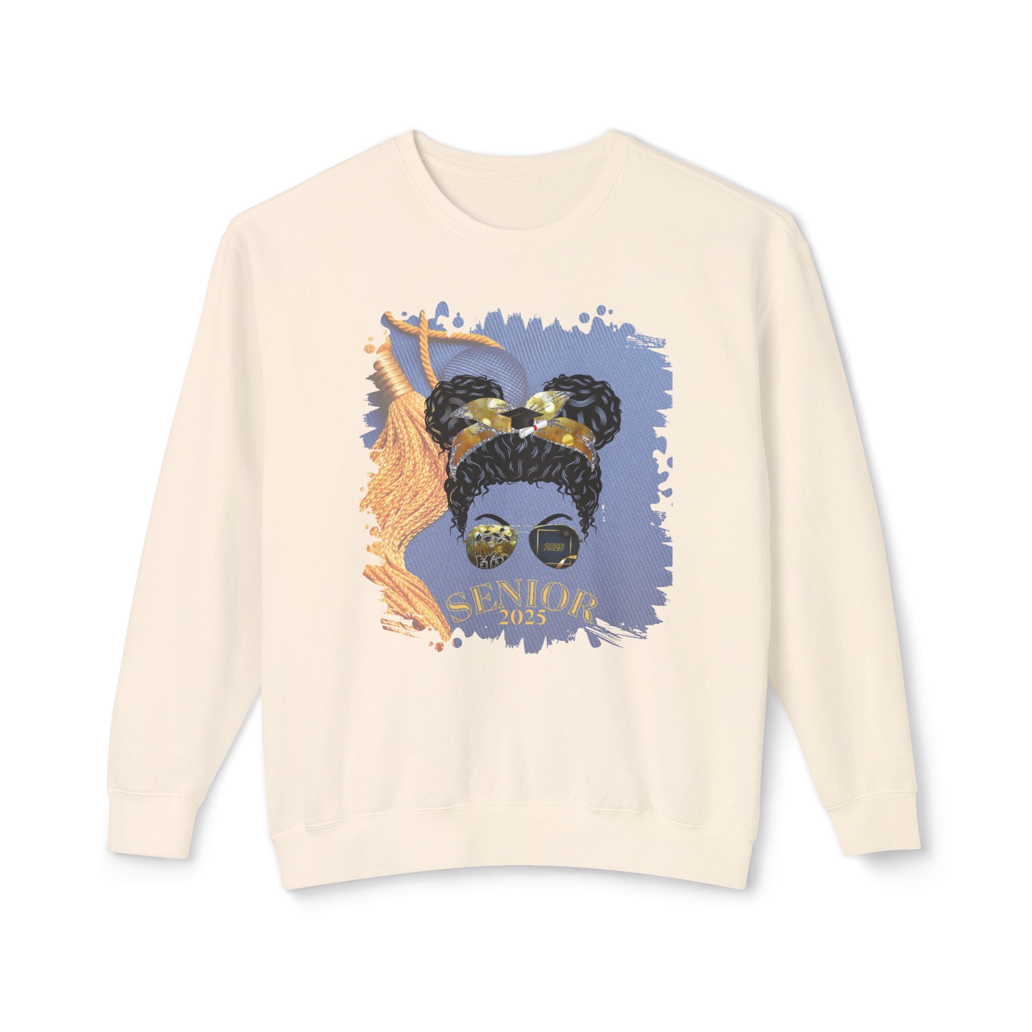 Senior 2025, Graduation Cap, Black Hair Messy Bun, Unisex Lightweight Crewneck Sweatshirt