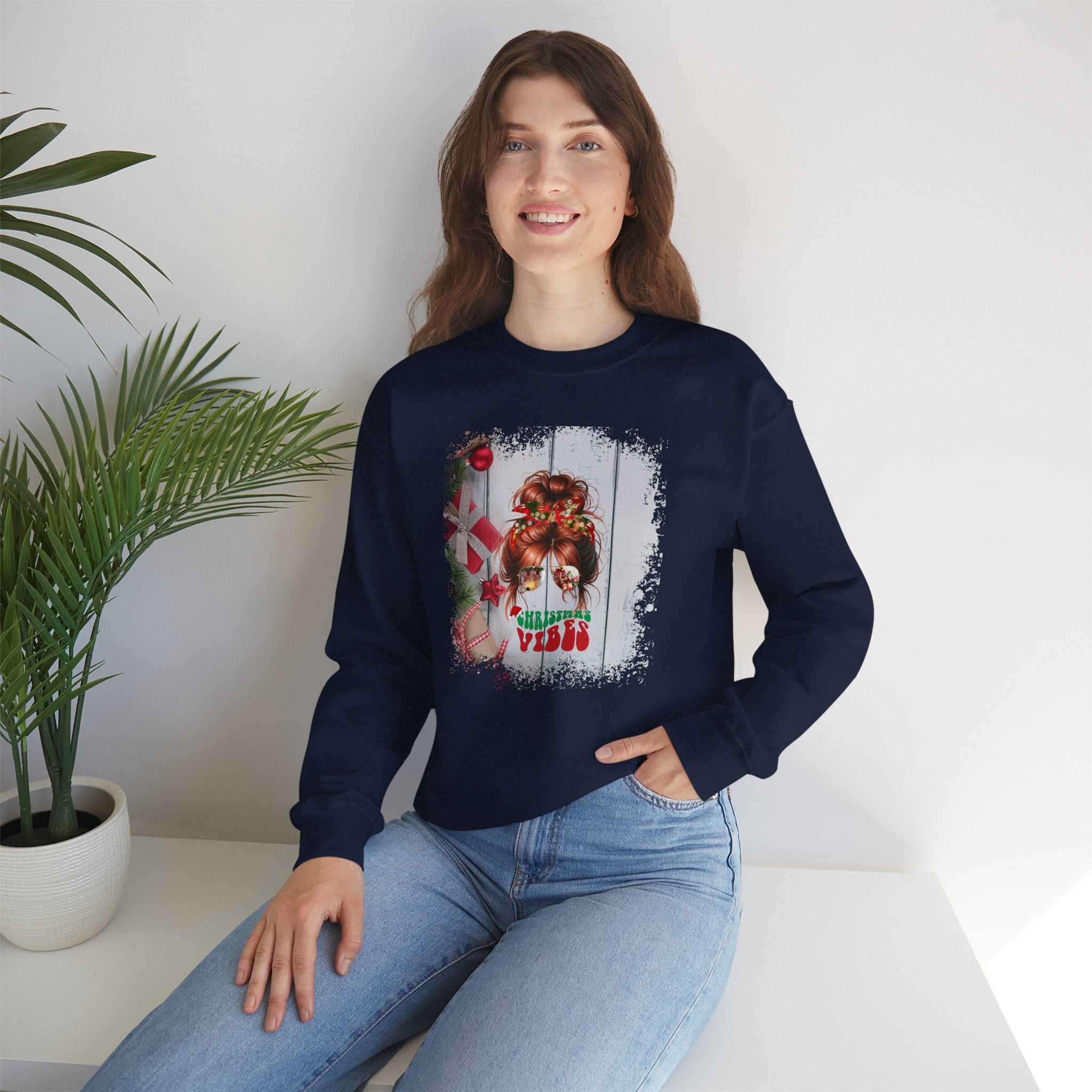 Christmas Vibes Christmas Presents, Red Hair Messy Bun, Unisex Heavy Blend™ Crewneck Sweatshirt