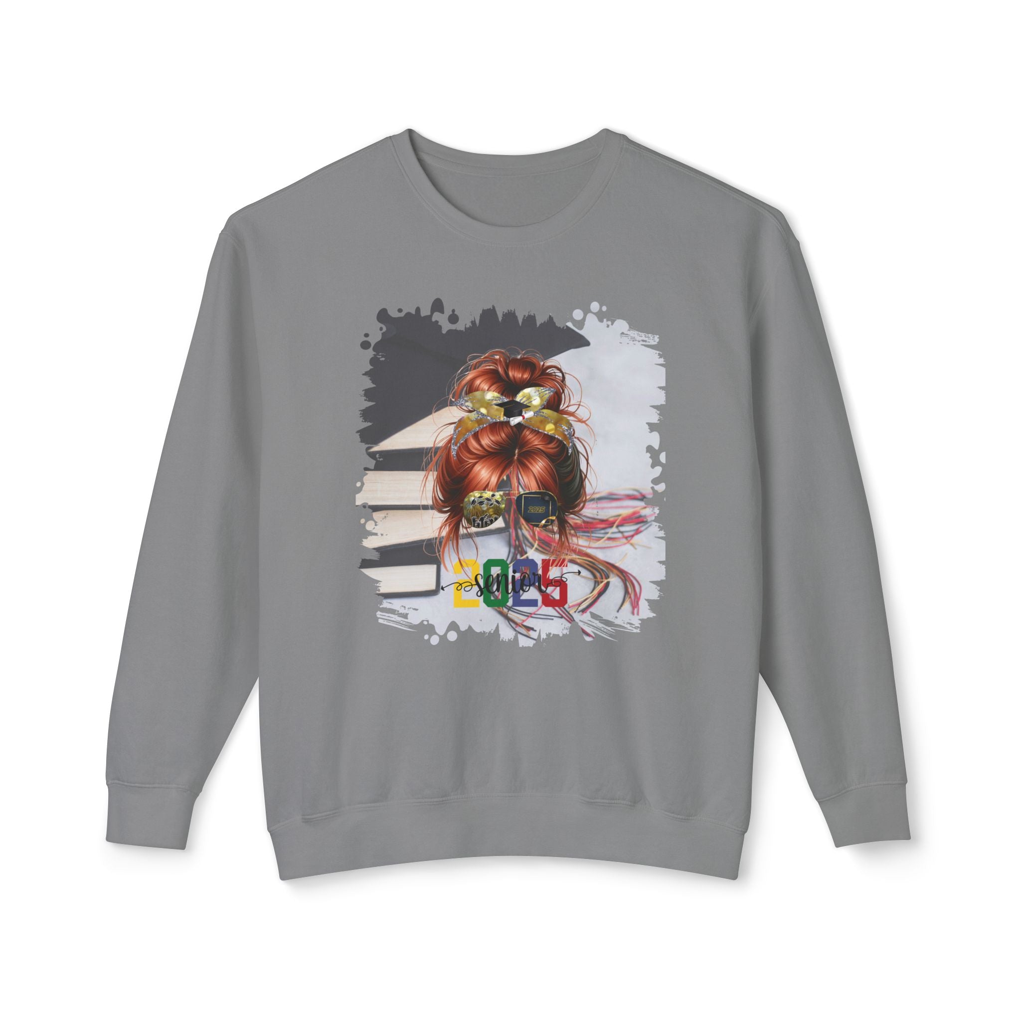 Senior 2025 Colorful, Cap & Books, Red Hair Messy Bun, Unisex Lightweight Crewneck Sweatshirt