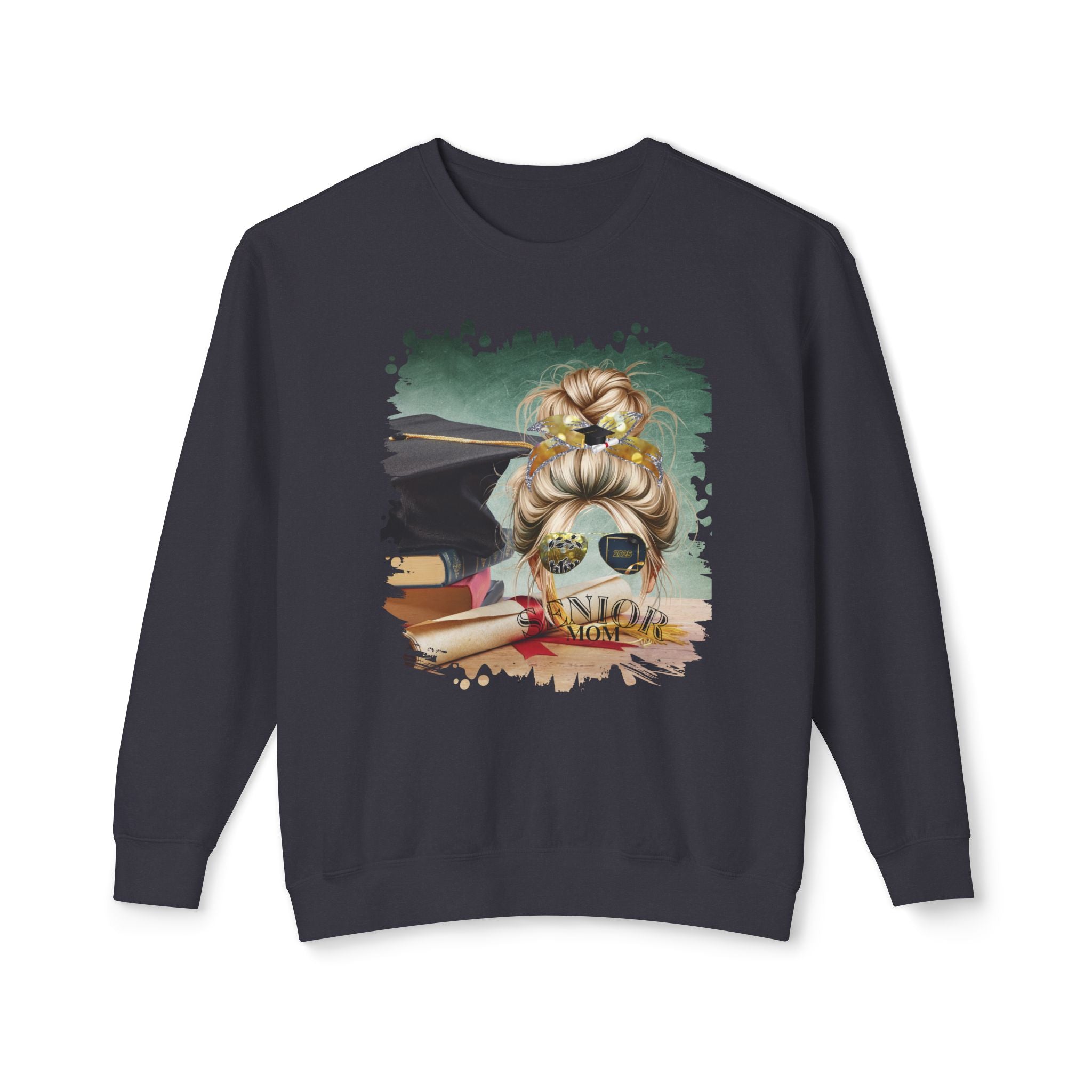Senior Mom, Cap & Degree/Diploma, Blond Hair Messy Bun, Unisex Lightweight Crewneck Sweatshirt