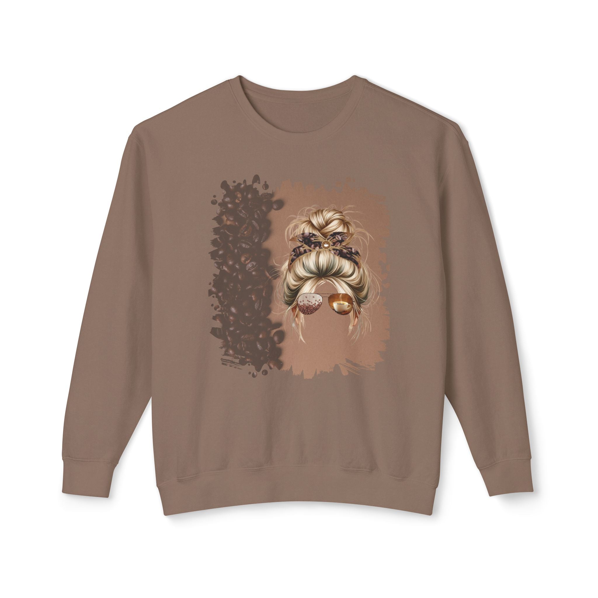 Coffee Beans Shade, Blond Hair Messy Bun, Unisex Lightweight Crewneck Sweatshirt