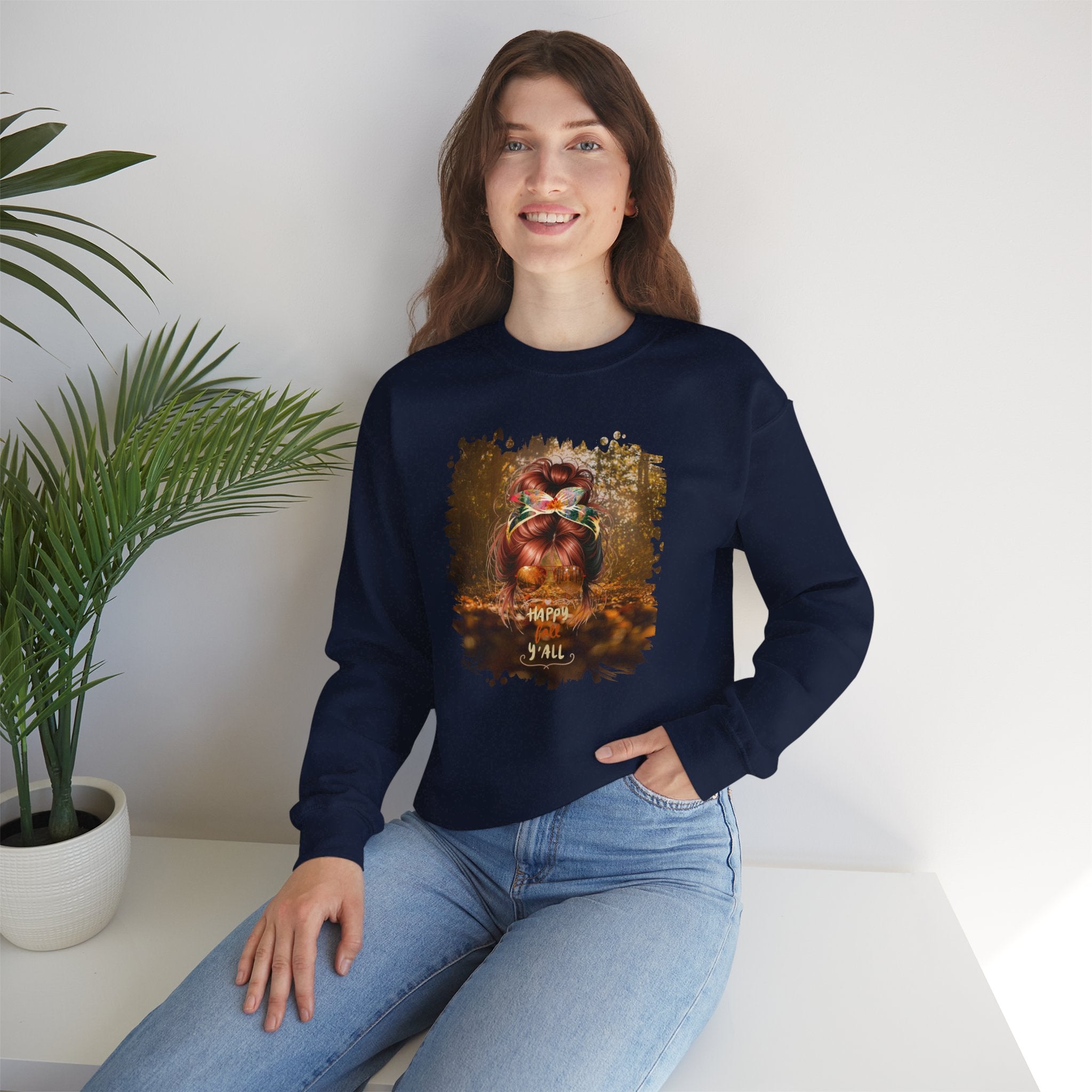 Happy Fall Y'all Fall Forest, Red Hair Messy Bun, Unisex Heavy Blend™ Crewneck Sweatshirt
