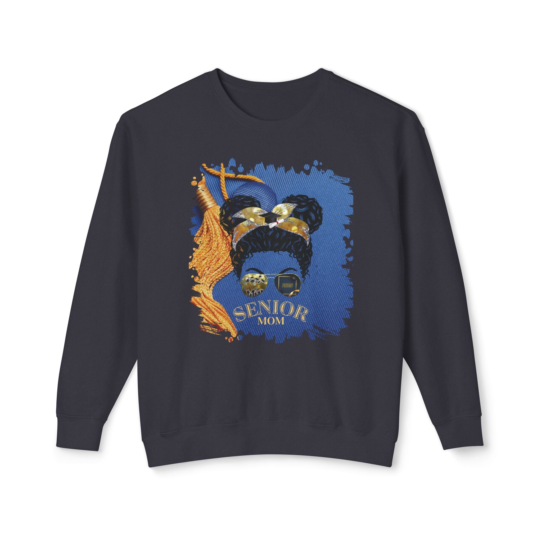 Senior Mom, Graduation Cap, Black Hair Messy Bun, Unisex Lightweight Crewneck Sweatshirt