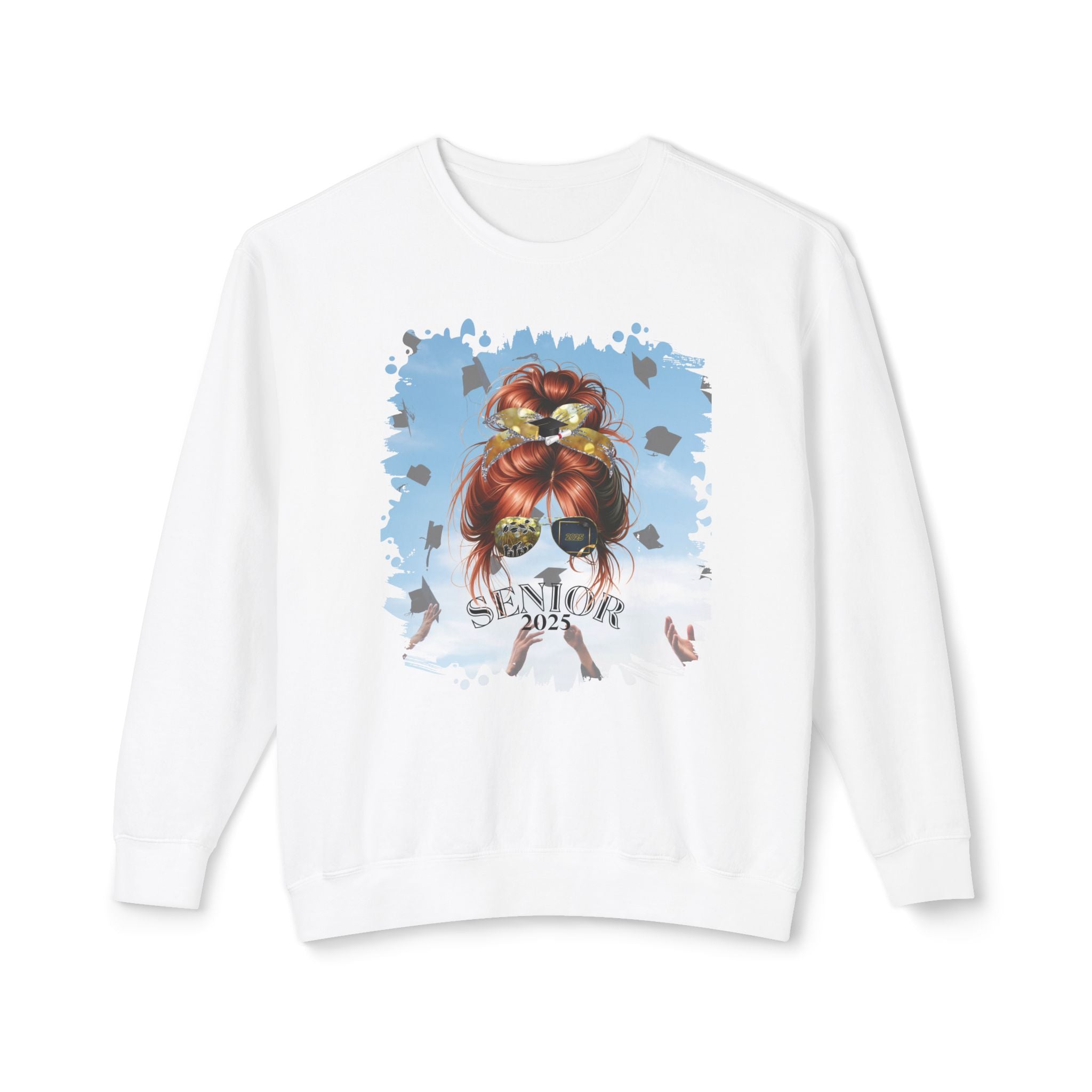 Senior 2025, Celebration, Red Hair Messy Bun, Unisex Lightweight Crewneck Sweatshirt