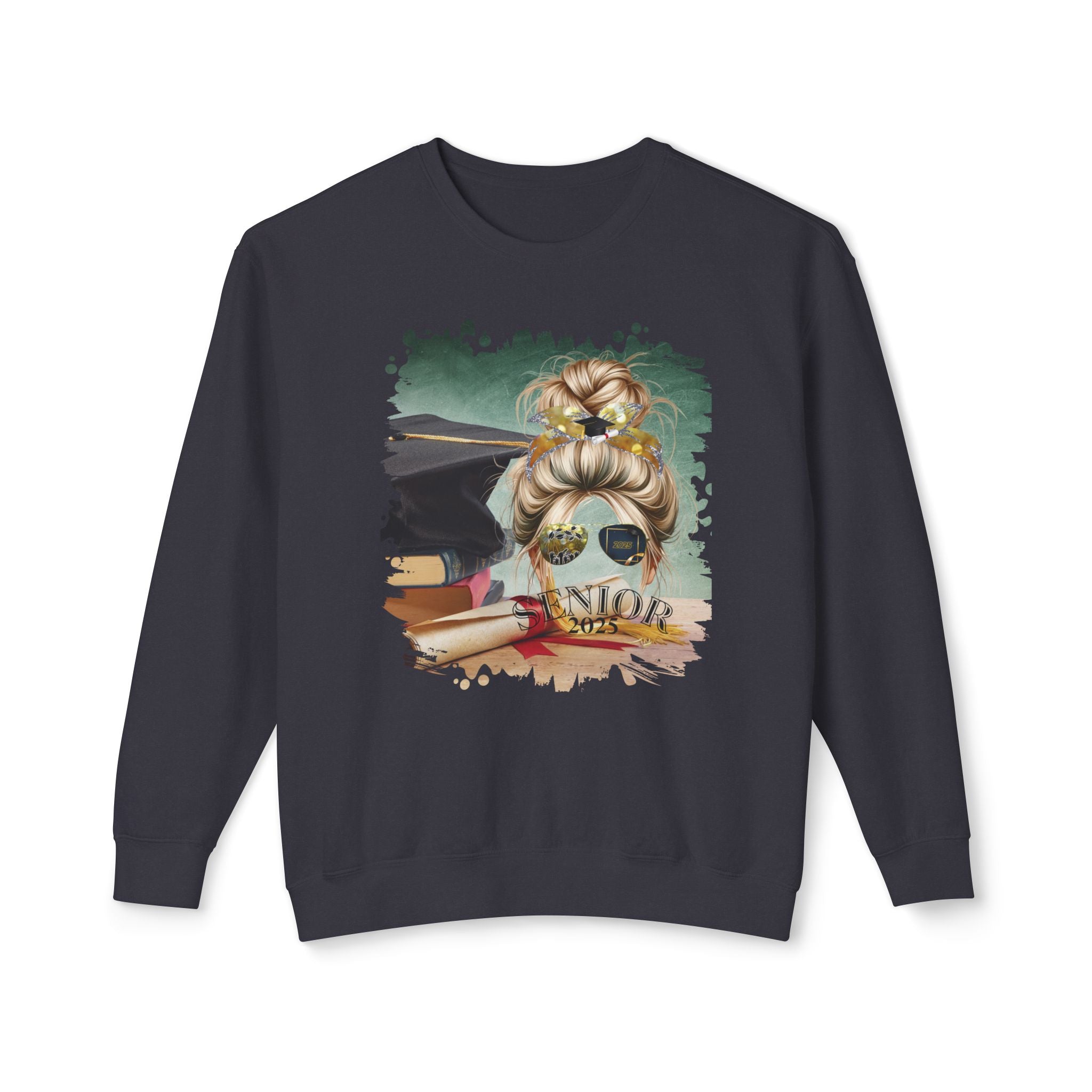 Senior 2025, Cap & Degree/Diploma, Blond Hair Messy Bun, Unisex Lightweight Crewneck Sweatshirt