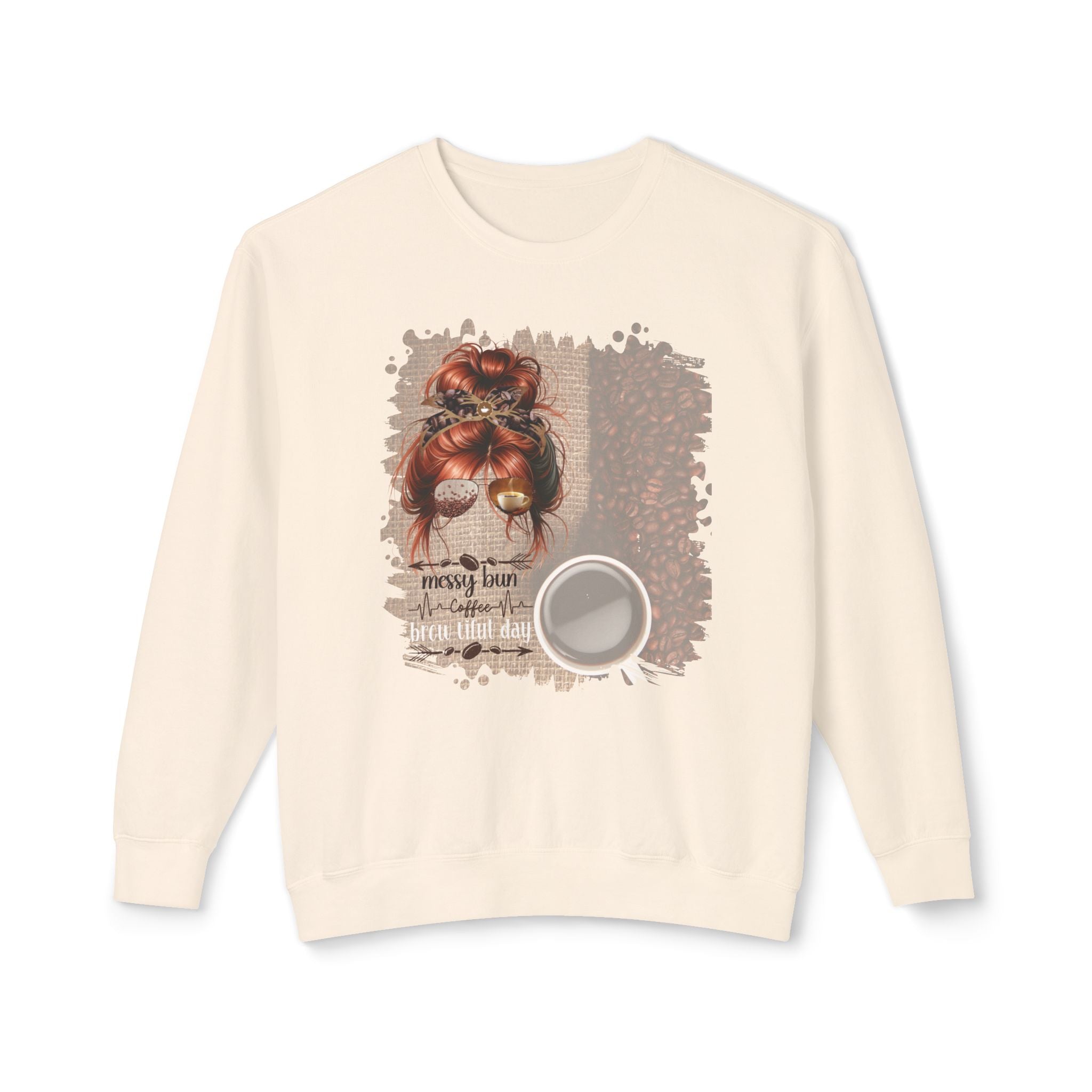 Coffee Heartbeat, Coffee Beans Bag, Red Hair Messy Bun, Unisex Lightweight Crewneck Sweatshirt