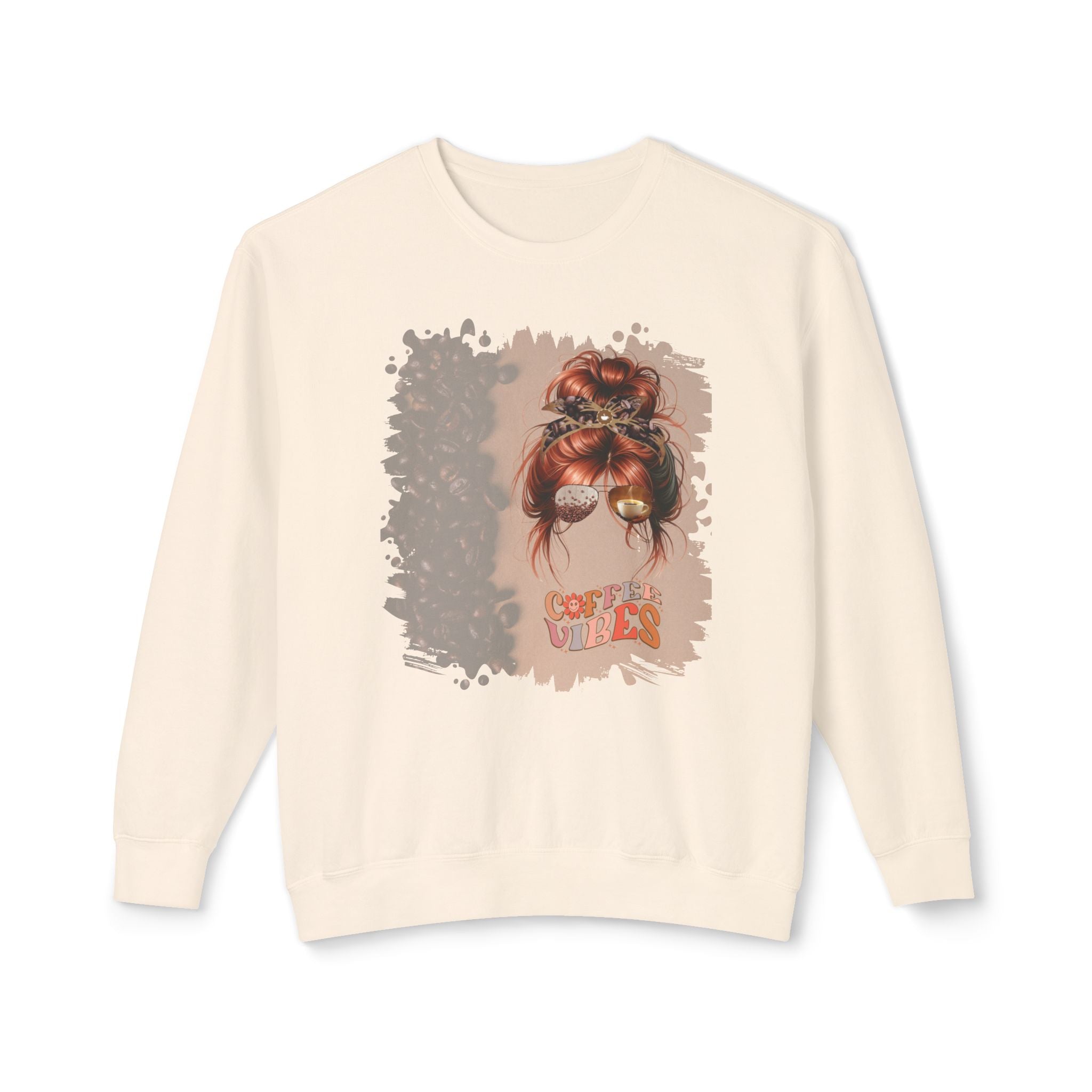 Coffee Vibes, Coffee Beans Shade, Red Hair Messy Bun, Unisex Lightweight Crewneck Sweatshirt