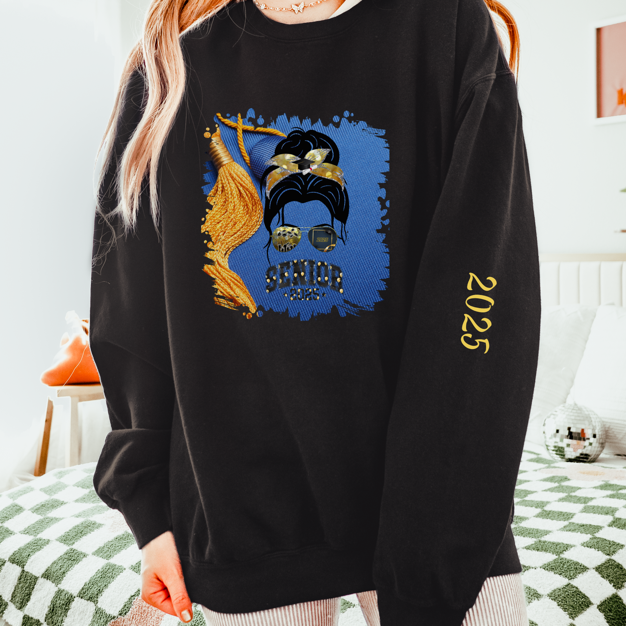 Senior 2025 Balloons, Graduation Cap, Dark Hair Messy Bun, Unisex Lightweight Crewneck Sweatshirt