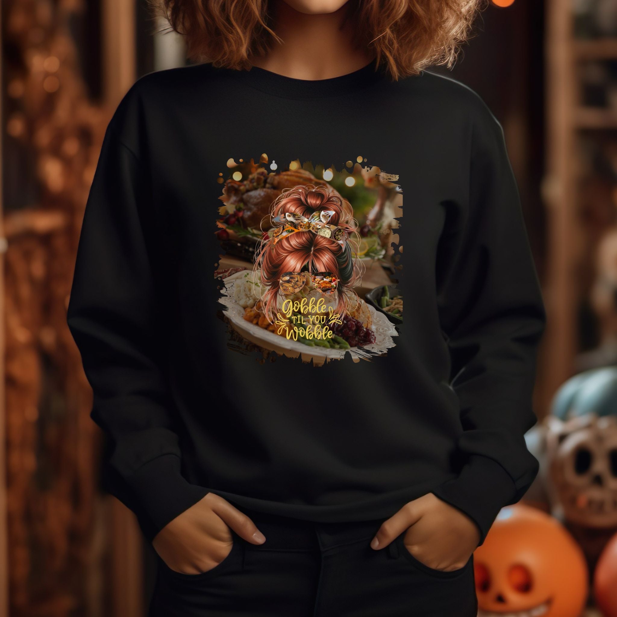 Gobble til You Wobble Thanksgiving Dinner, Red Hair Messy Bun, Unisex Heavy Blend™ Crewneck Sweatshirt