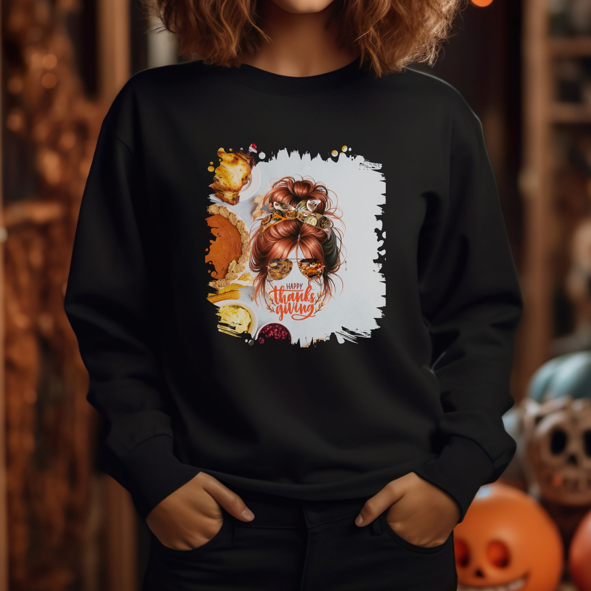 Happy Thanksgiving, Thanksgiving Pie, Red Hair Messy Bun, Unisex Heavy Blend™ Crewneck Sweatshirt