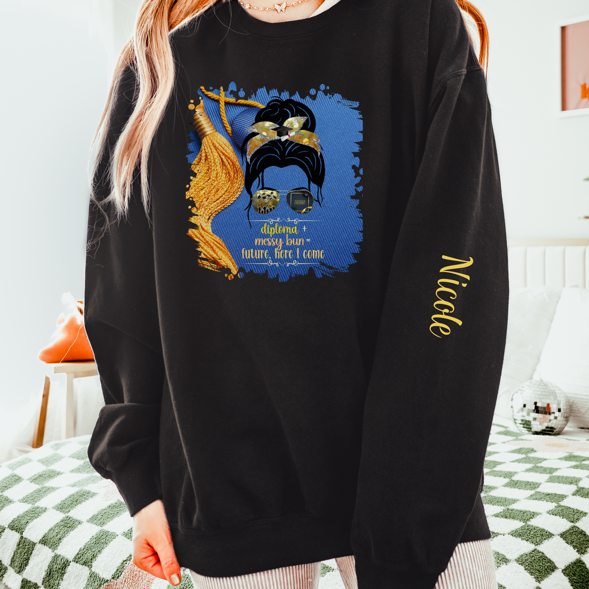 Diploma + Messy Bun, Graduation Cap, Dark Hair Messy Bun, Unisex Lightweight Crewneck Sweatshirt