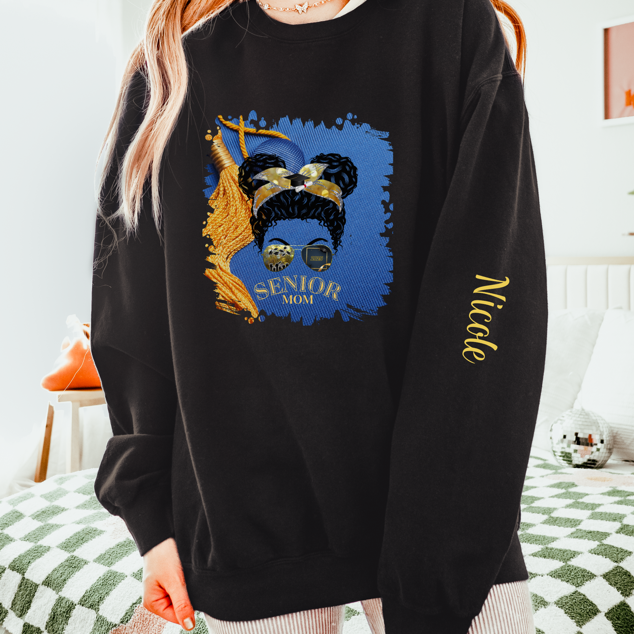 Senior Mom, Graduation Cap, Black Hair Messy Bun, Unisex Lightweight Crewneck Sweatshirt