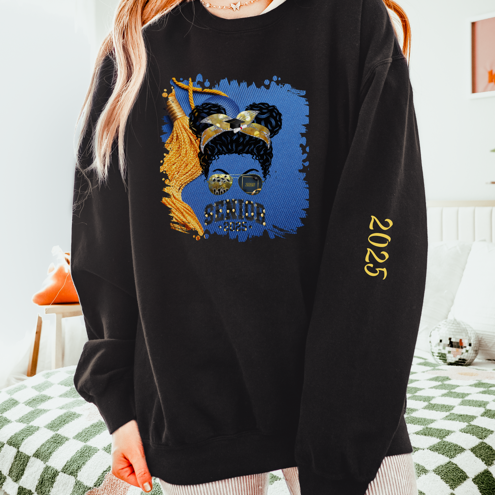 Senior 2025 Balloons, Graduation Cap, Black Hair Messy Bun, Unisex Lightweight Crewneck Sweatshirt