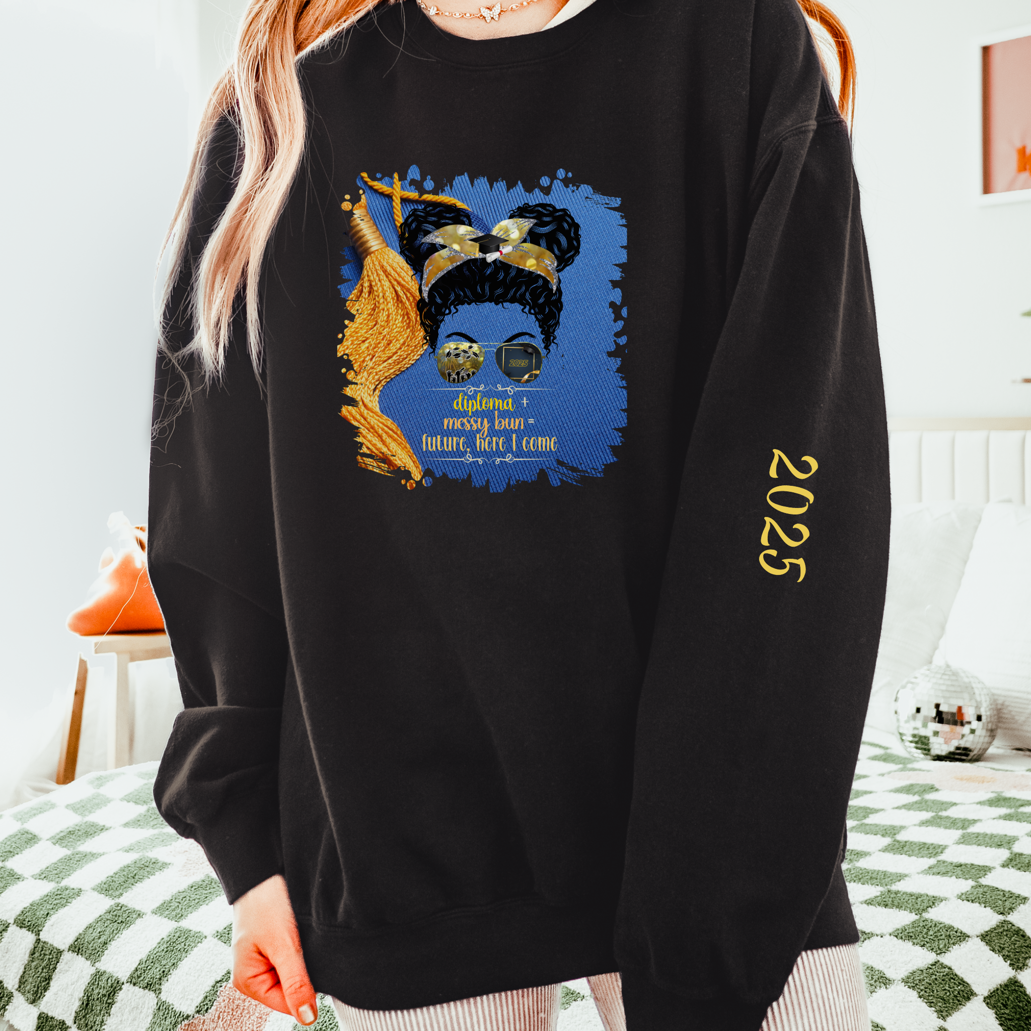 Diploma + Messy Bun, Graduation Cap, Black Hair Messy Bun, Unisex Lightweight Crewneck Sweatshirt
