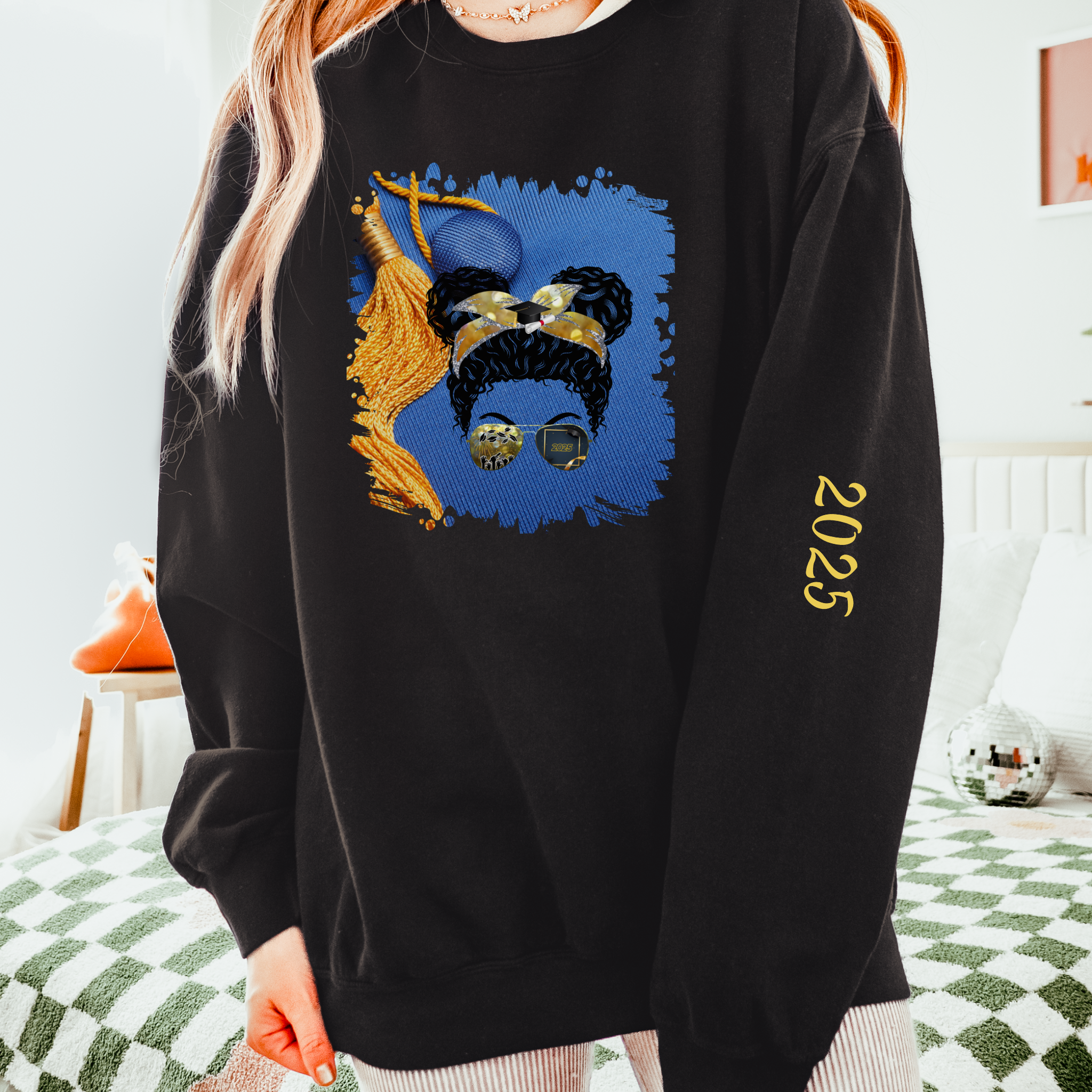 Graduation Cap, Black Hair Messy Bun, Unisex Lightweight Crewneck Sweatshirt