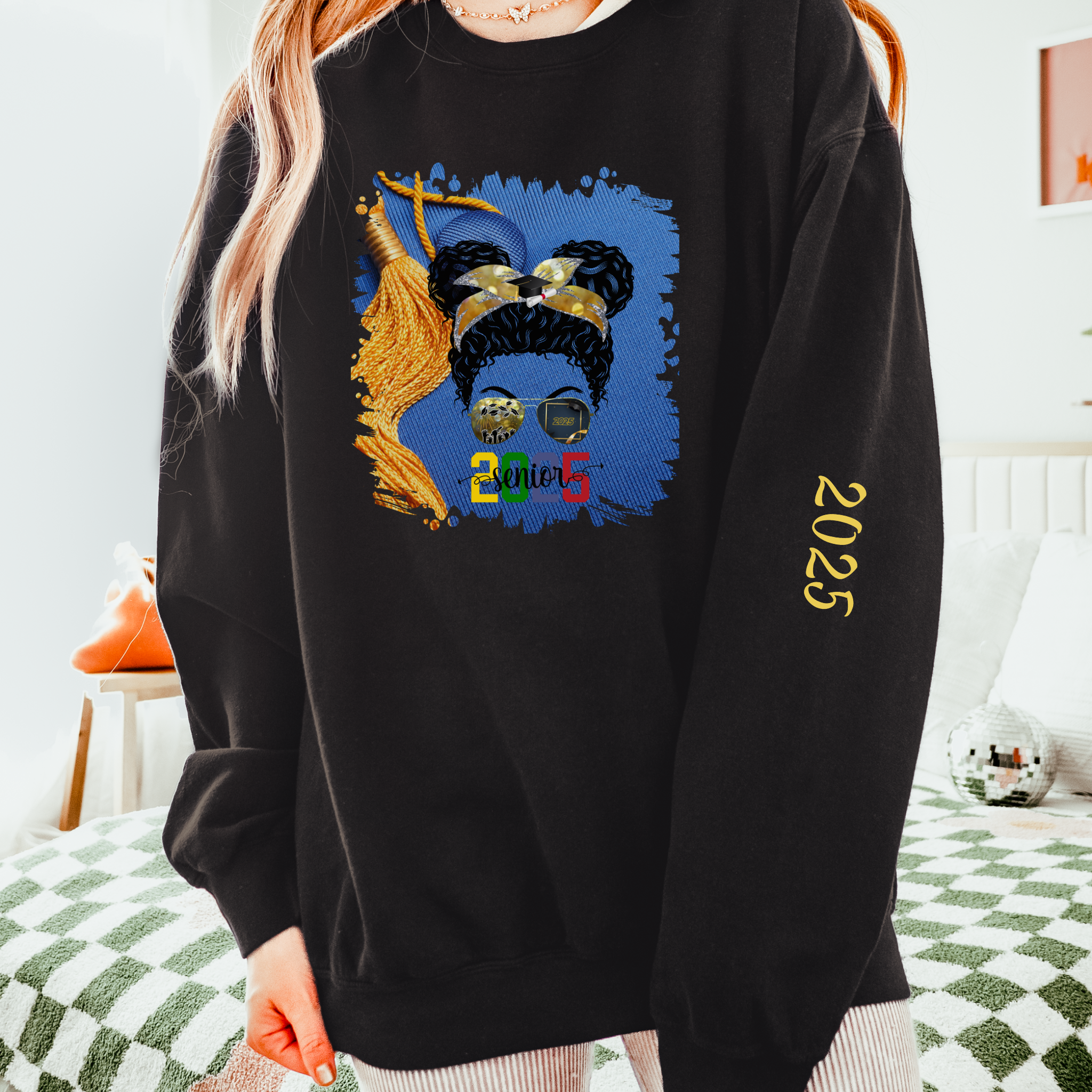 Senior 2025 Colorful, Graduation Cap, Black Hair Messy Bun, Unisex Lightweight Crewneck Sweatshirt