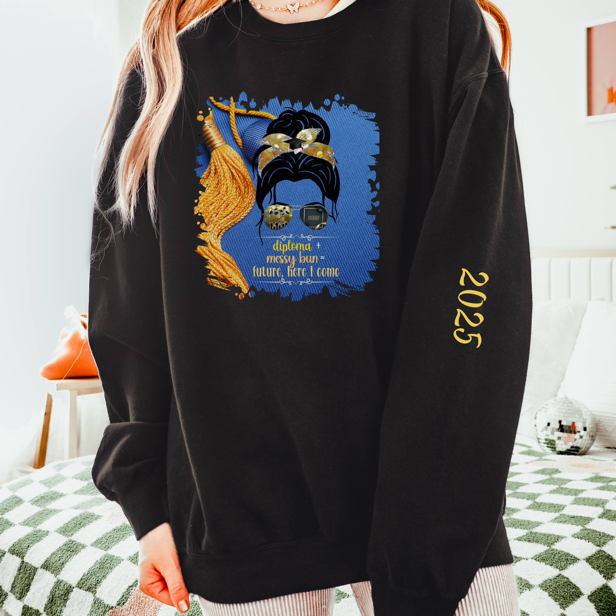 Diploma + Messy Bun, Graduation Cap, Dark Hair Messy Bun, Unisex Lightweight Crewneck Sweatshirt