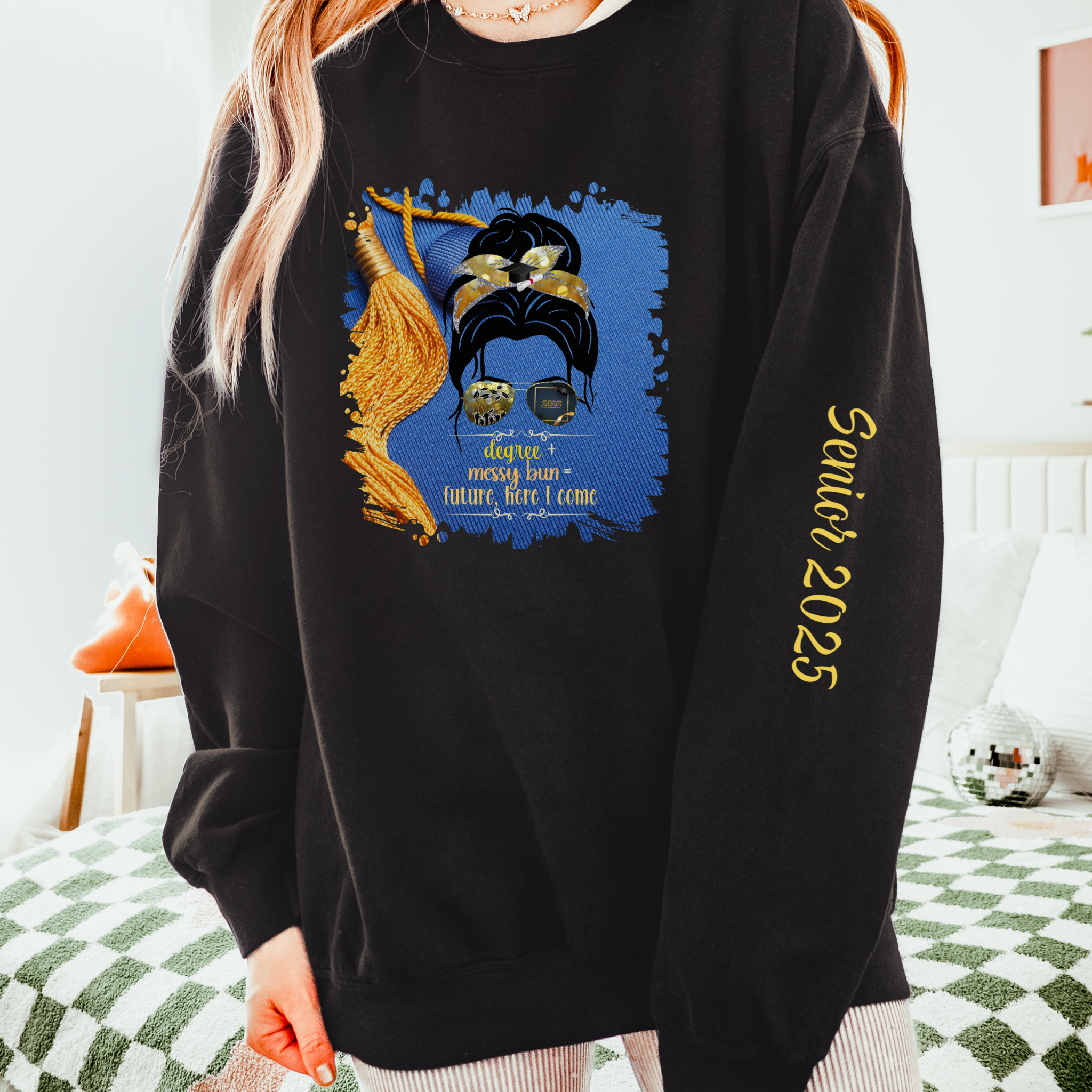 Degree + Messy Bun, Graduation Cap, Dark Hair Messy Bun, Unisex Lightweight Crewneck Sweatshirt